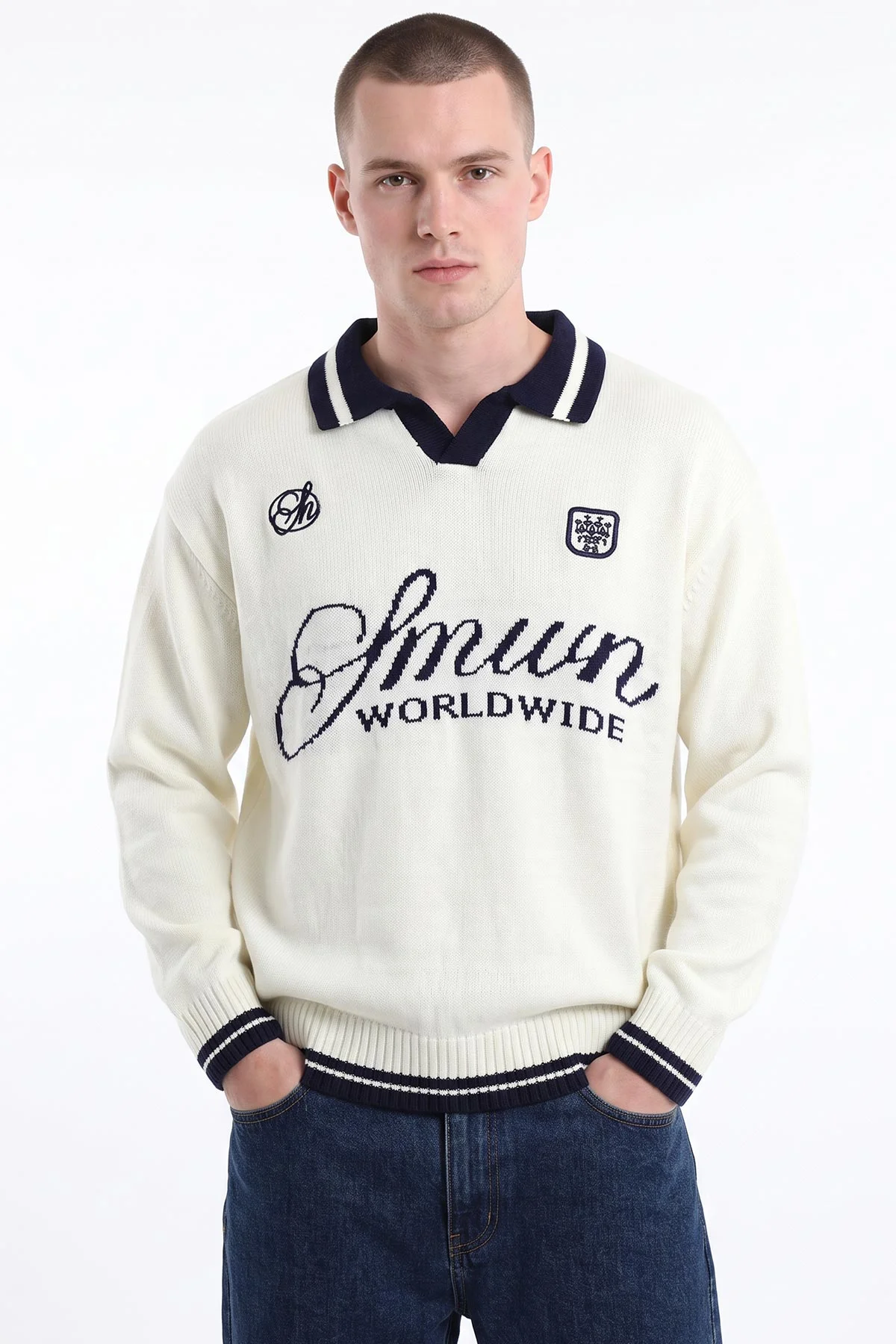 Ekru Oversize Yazı Detaylı Polo Yaka Erkek Triko Kazak 491836