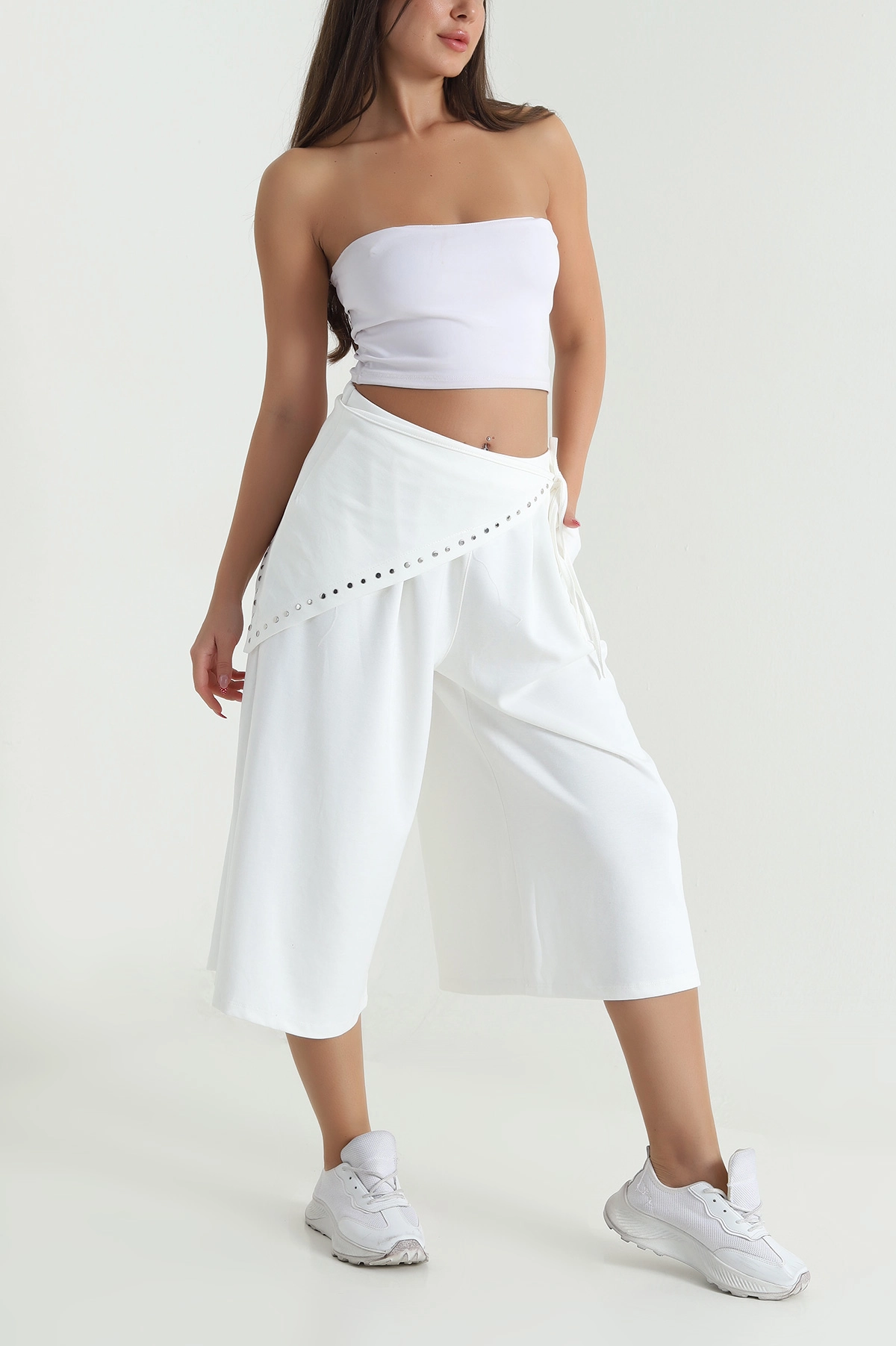 Ekru Peçeli Oversize Bel Lastikli Oysho Kadın Kapri 474623