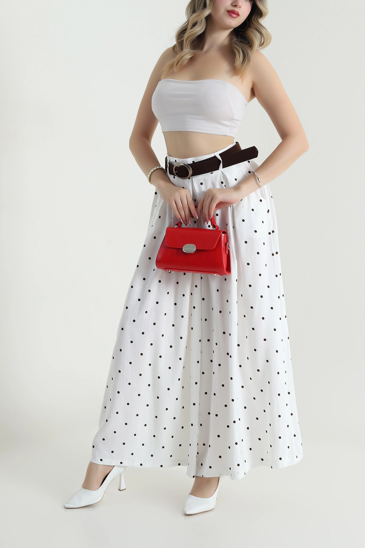 Ekru Pileli Cepli Bol Paça Diagonal Tencel Kadın Pantolon 478797