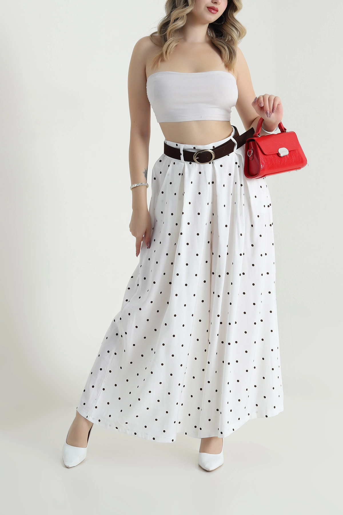 Ekru Pileli Cepli Bol Paça Diagonal Tencel Kadın Pantolon 478797