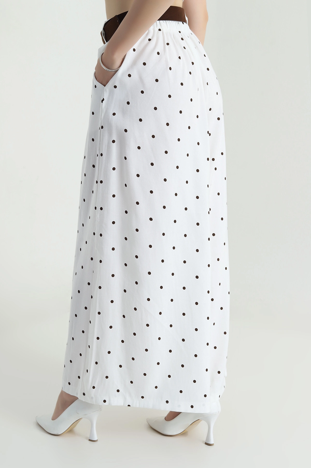 Ekru Pileli Cepli Bol Paça Diagonal Tencel Kadın Pantolon 478797