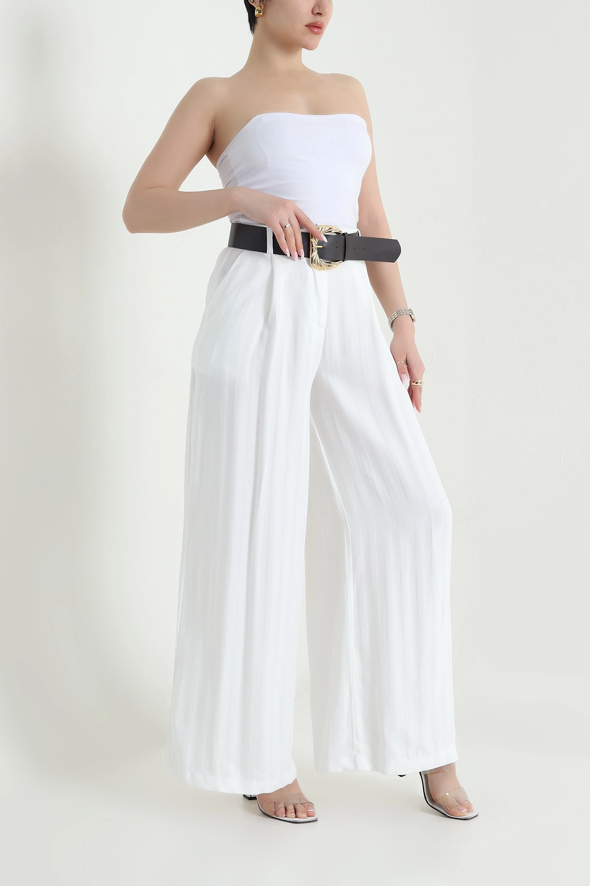 Ekru Pileli Cepli Tencel Cupra Kadın Pantolon 456527