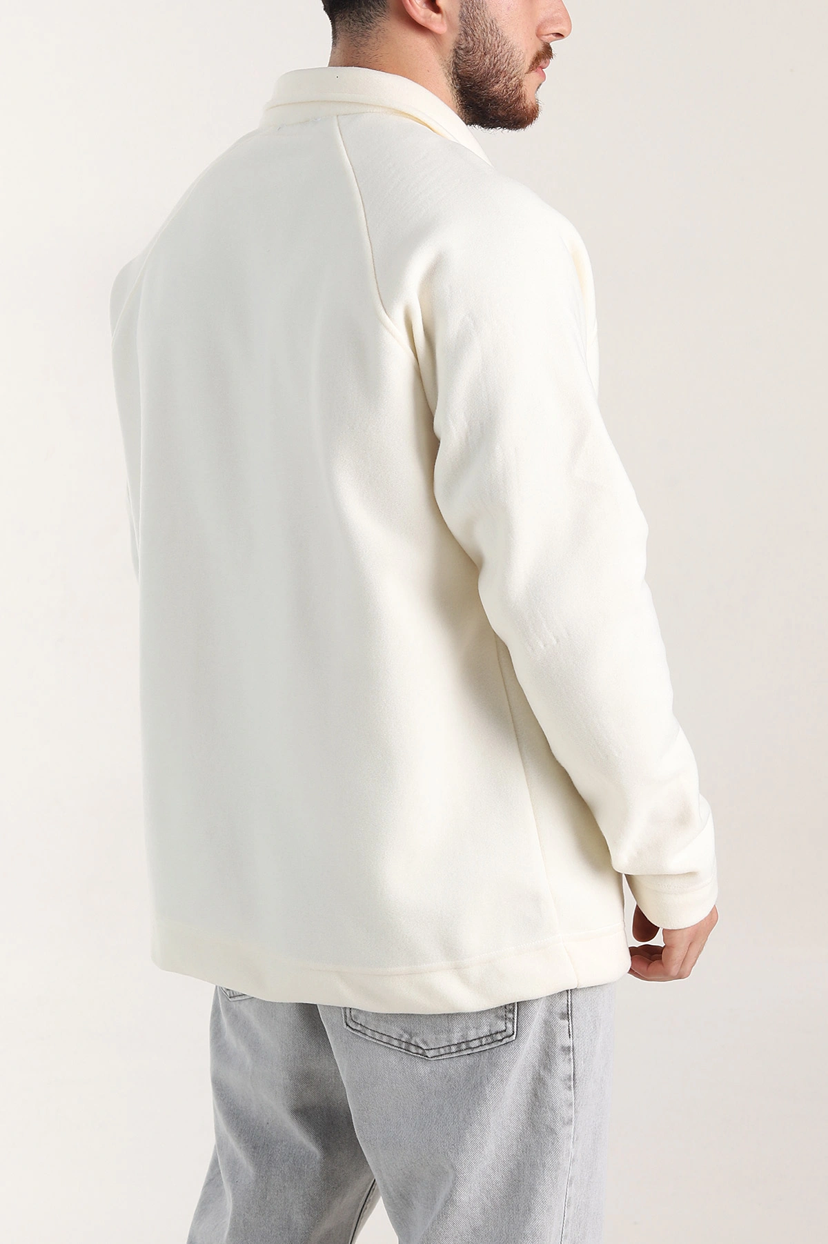 Ekru Polo Yaka Düğmeli Uzun Kollu Polar Kumaş Erkek Sweatshirt 404284
