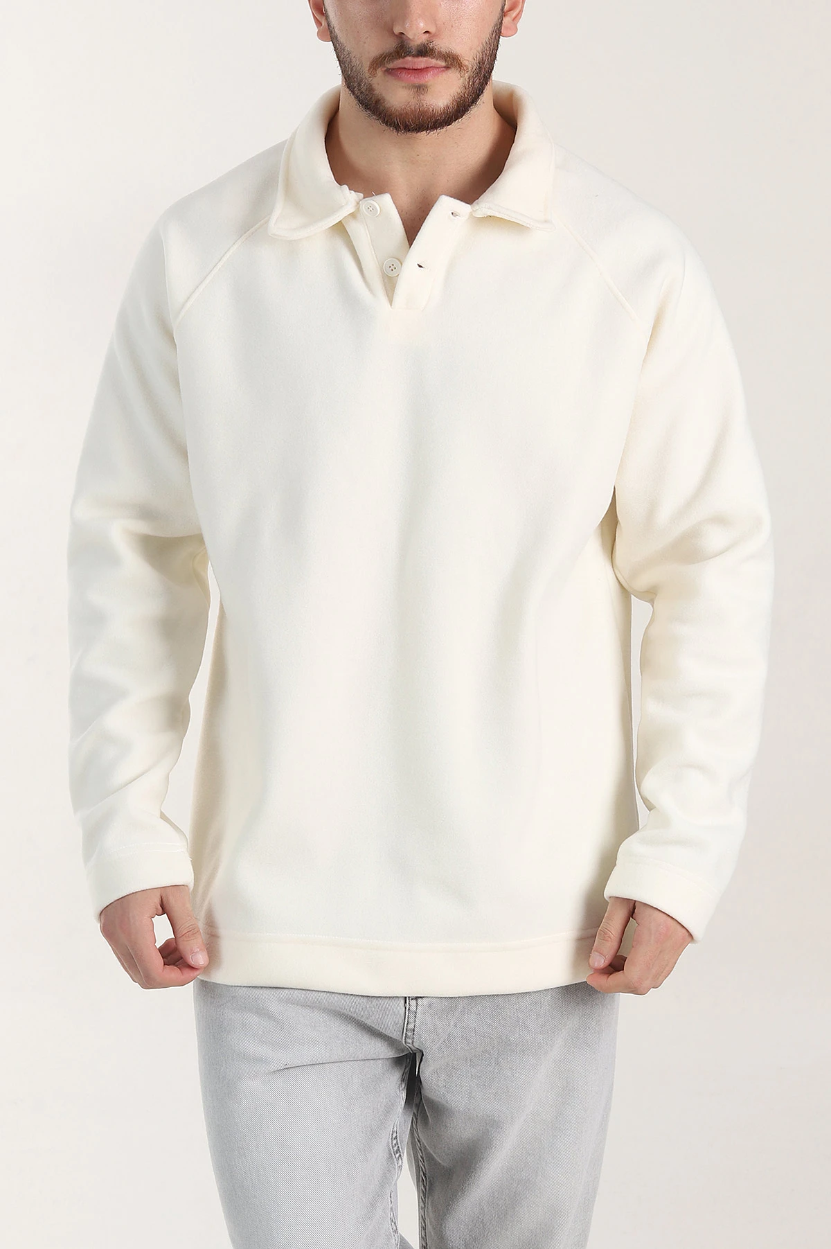 Ekru Polo Yaka Düğmeli Uzun Kollu Polar Kumaş Erkek Sweatshirt 404284
