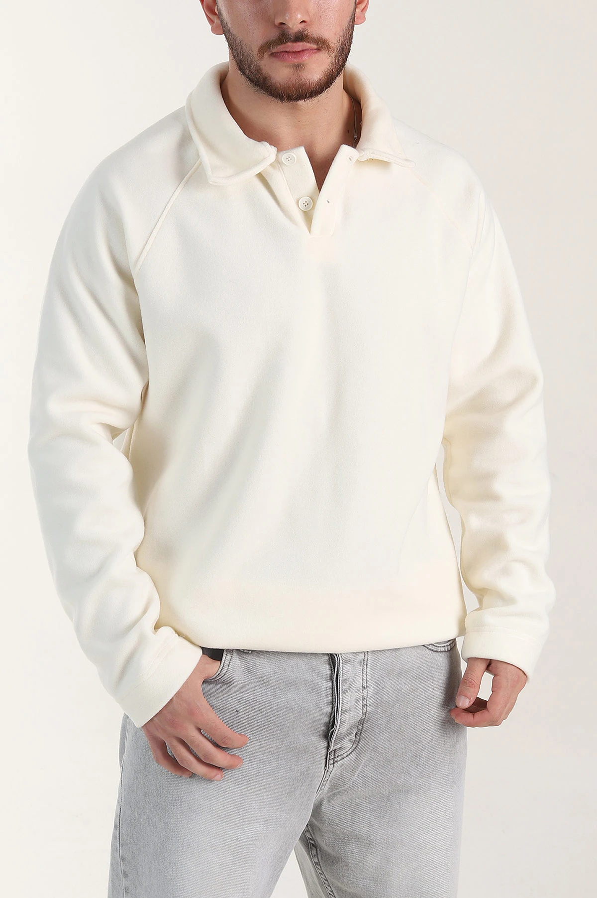 Ekru Polo Yaka Düğmeli Uzun Kollu Polar Kumaş Erkek Sweatshirt 404284