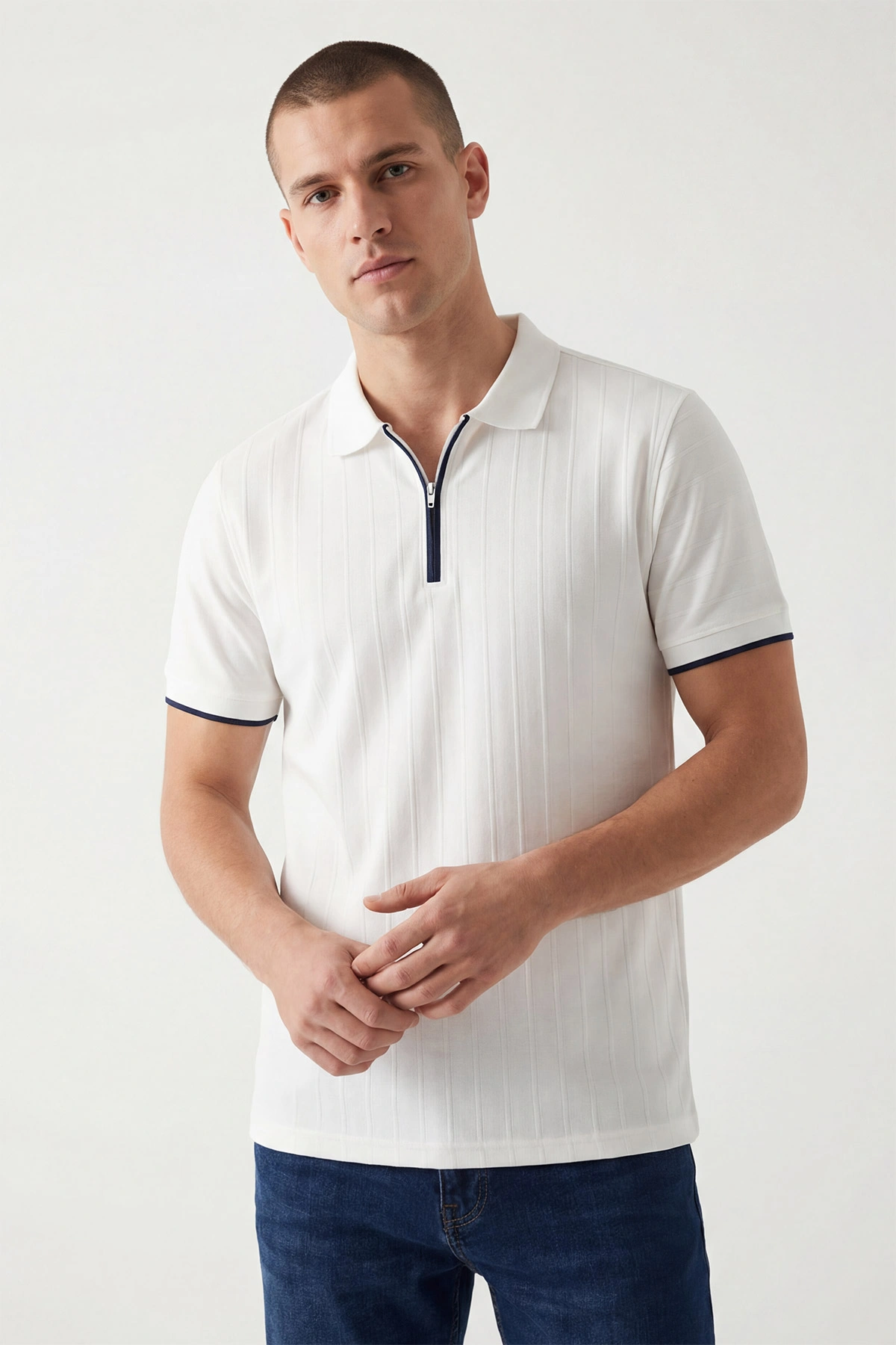 Ekru Polo Yaka Yarım Fermuarlı Erkek Tişört 435368