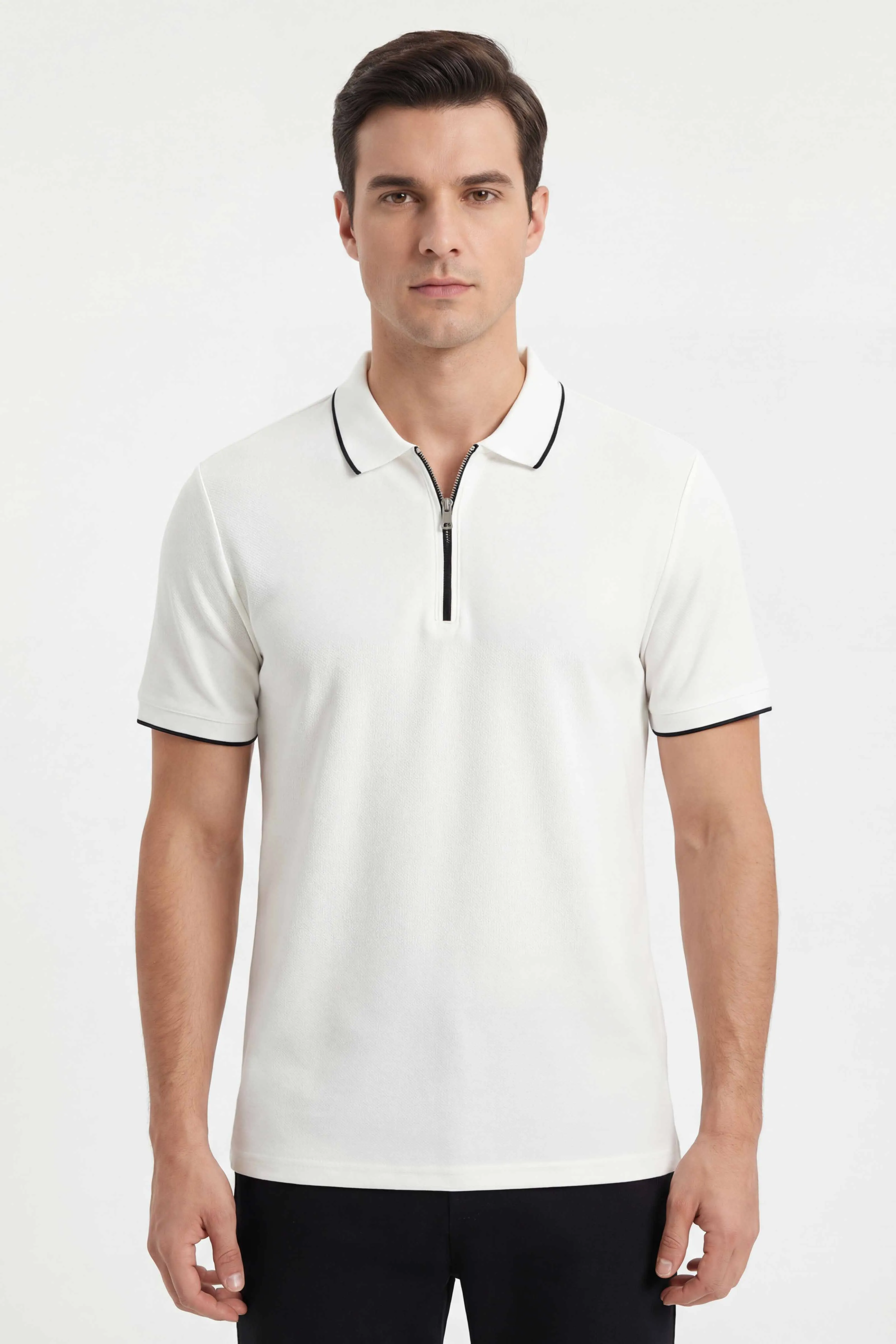 Ekru Polo Yaka Yarım Fermuarlı Erkek Tişört 435381
