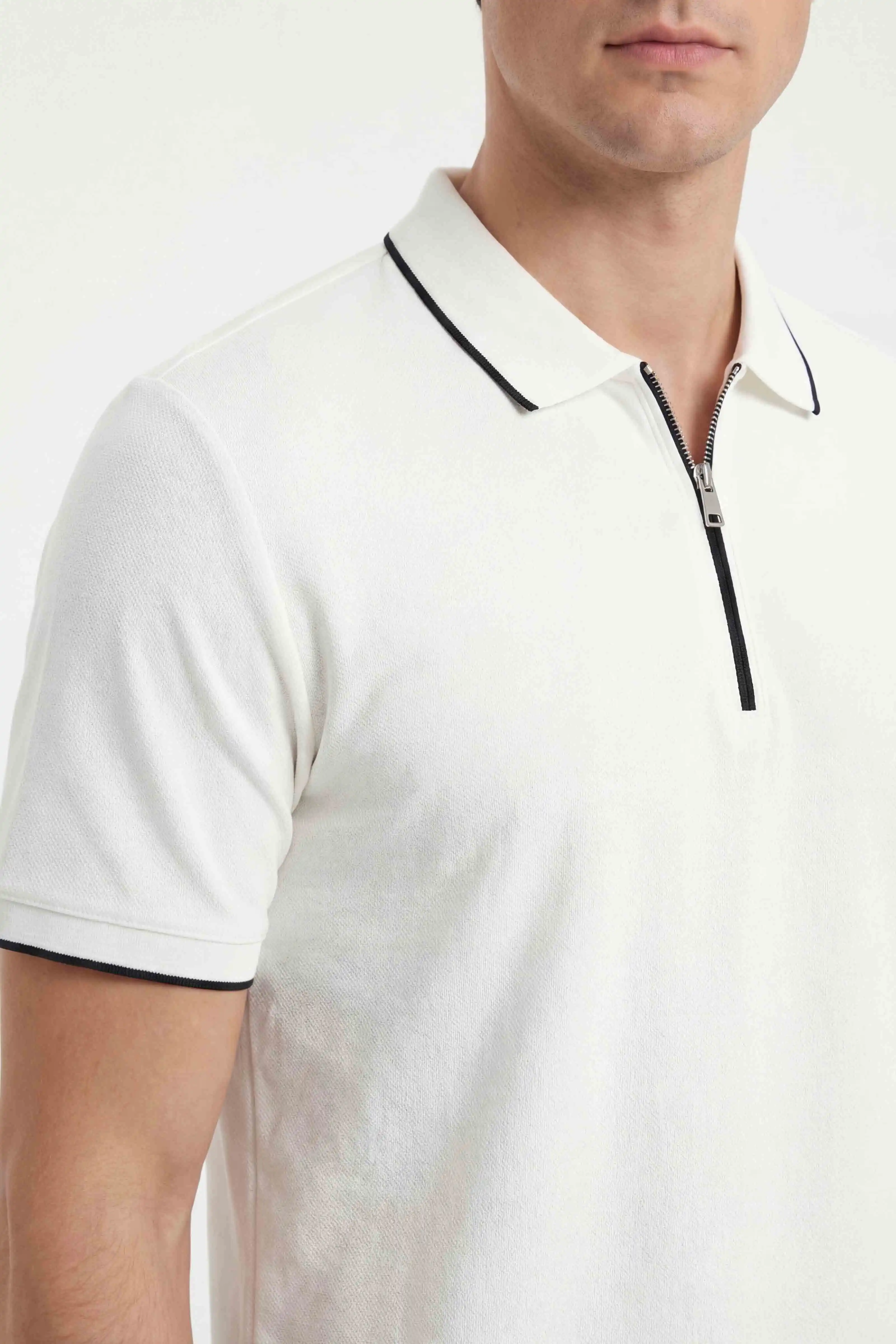 Ekru Polo Yaka Yarım Fermuarlı Erkek Tişört 435381