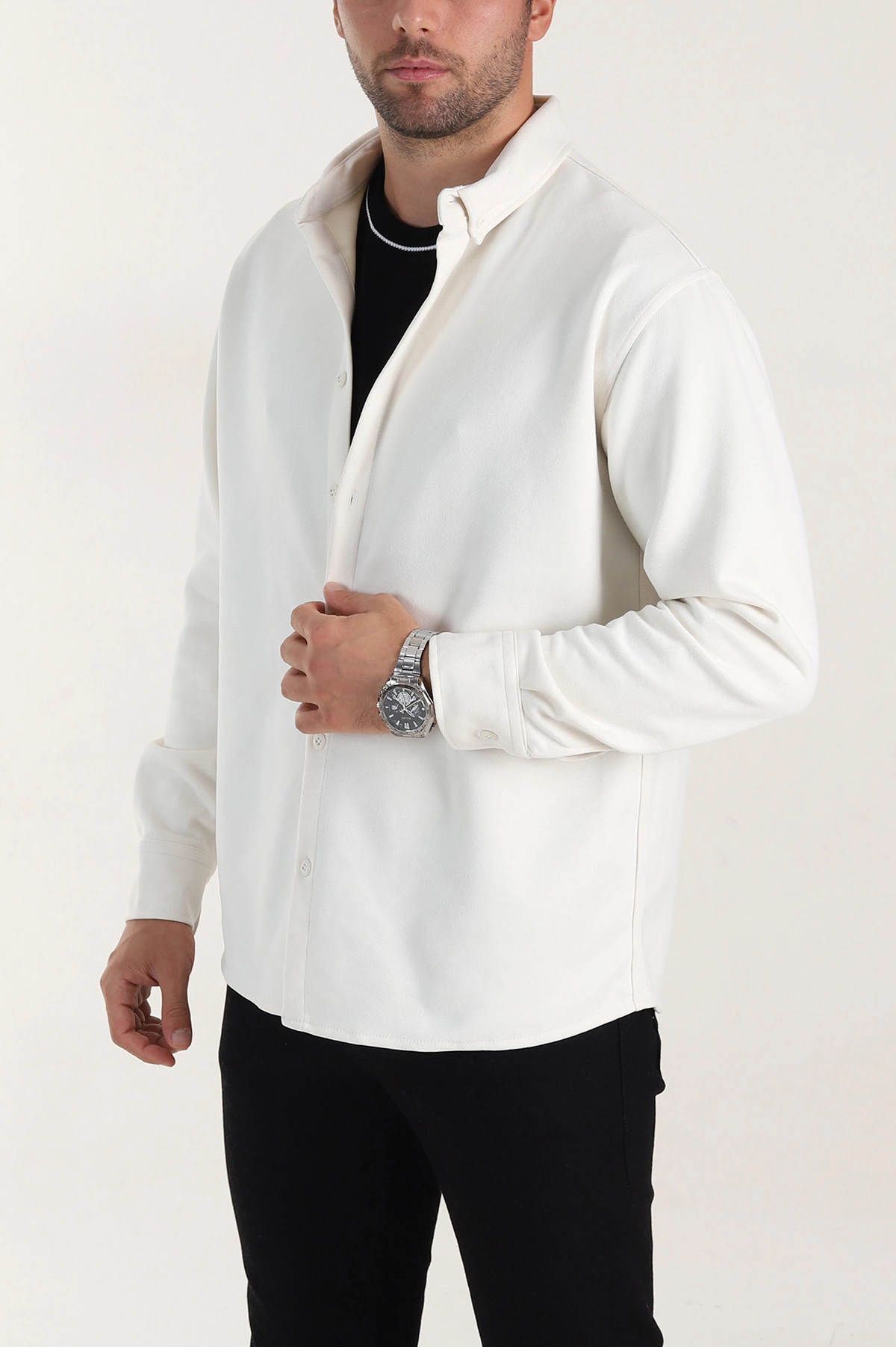 Ekru Regular Fit Süet Ata Yaka Erkek Gömlek 400042
