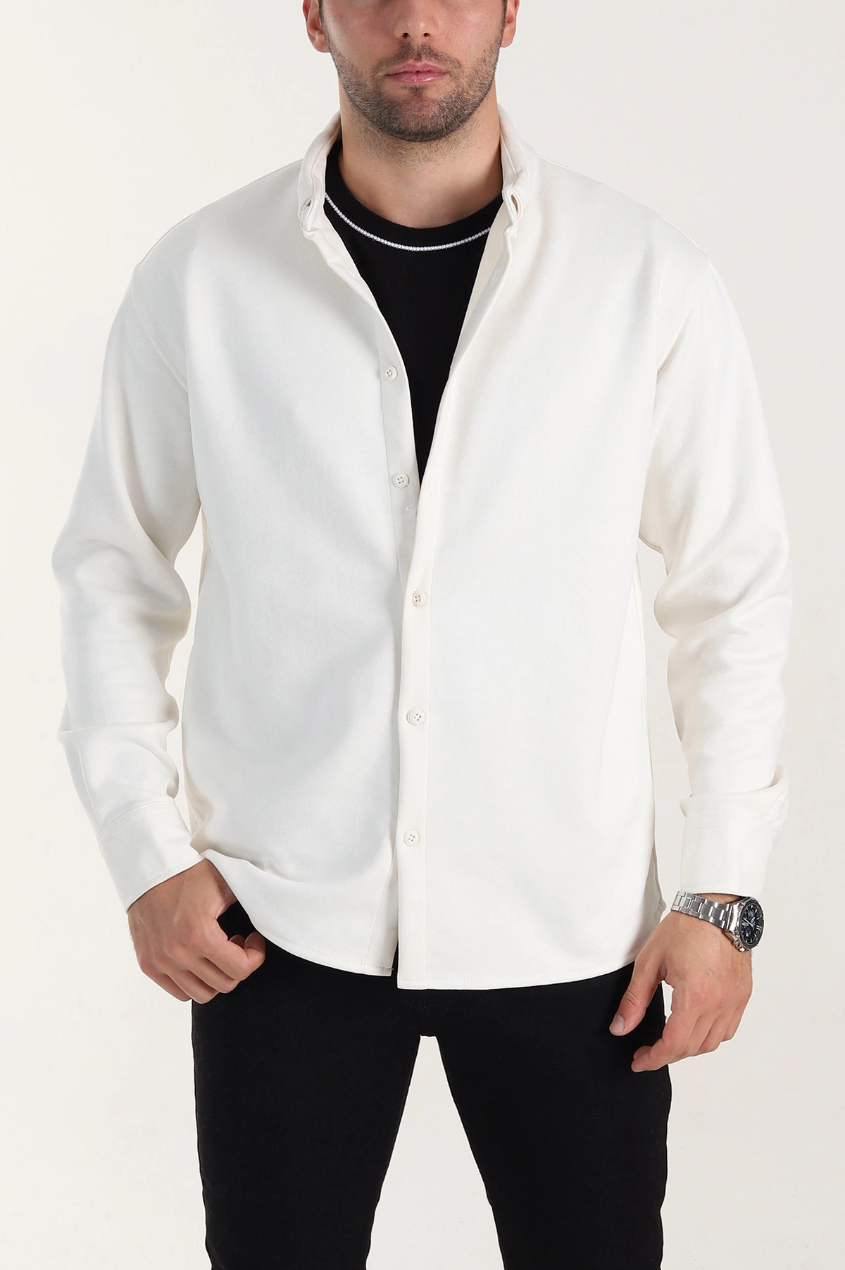 Ekru Regular Fit Süet Ata Yaka Erkek Gömlek 400042
