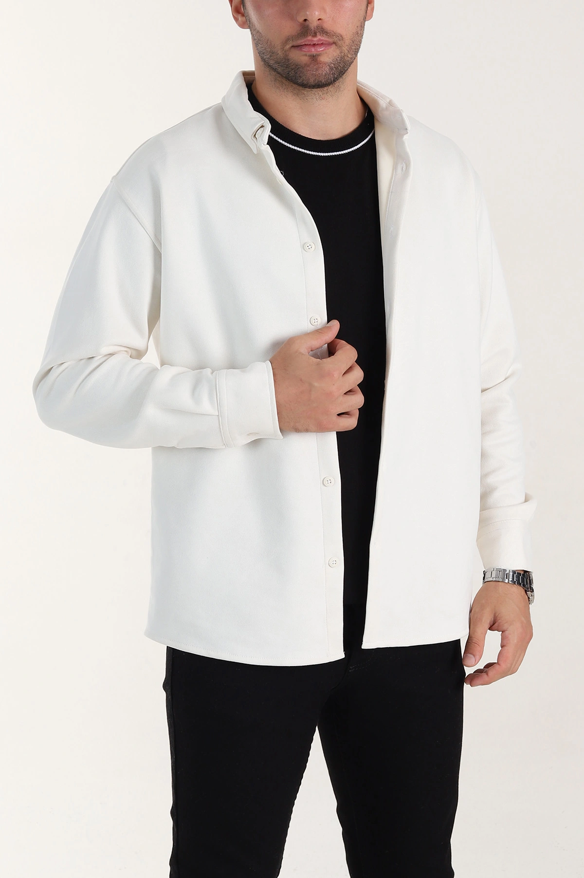 Ekru Regular Fit Süet Ata Yaka Erkek Gömlek 400042