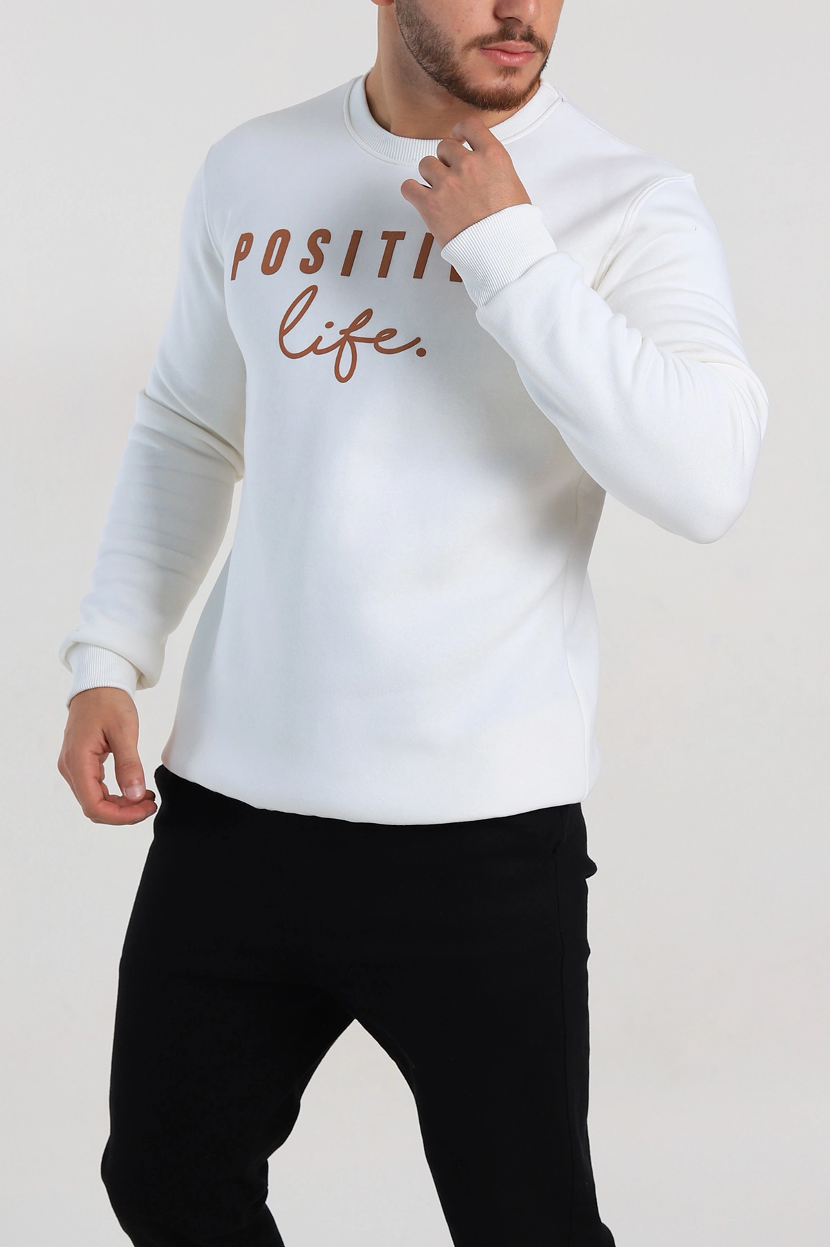 Ekru Regular Fit Üç İp Şardonlu Yazı Detay Erkek Sweatshirt 308904