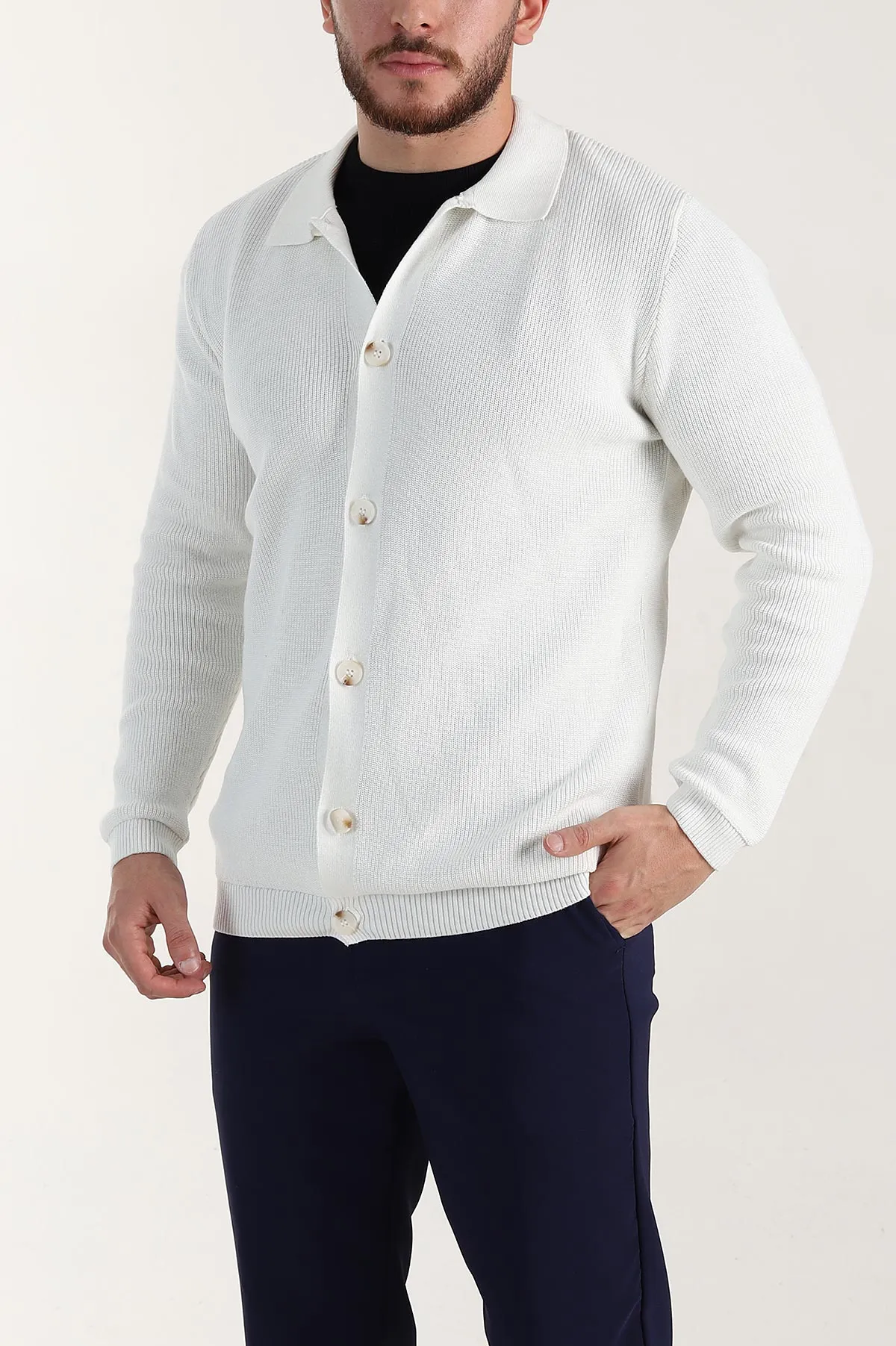 Ekru Relaxed Fit Bambu Erkek Triko Hırka 400161