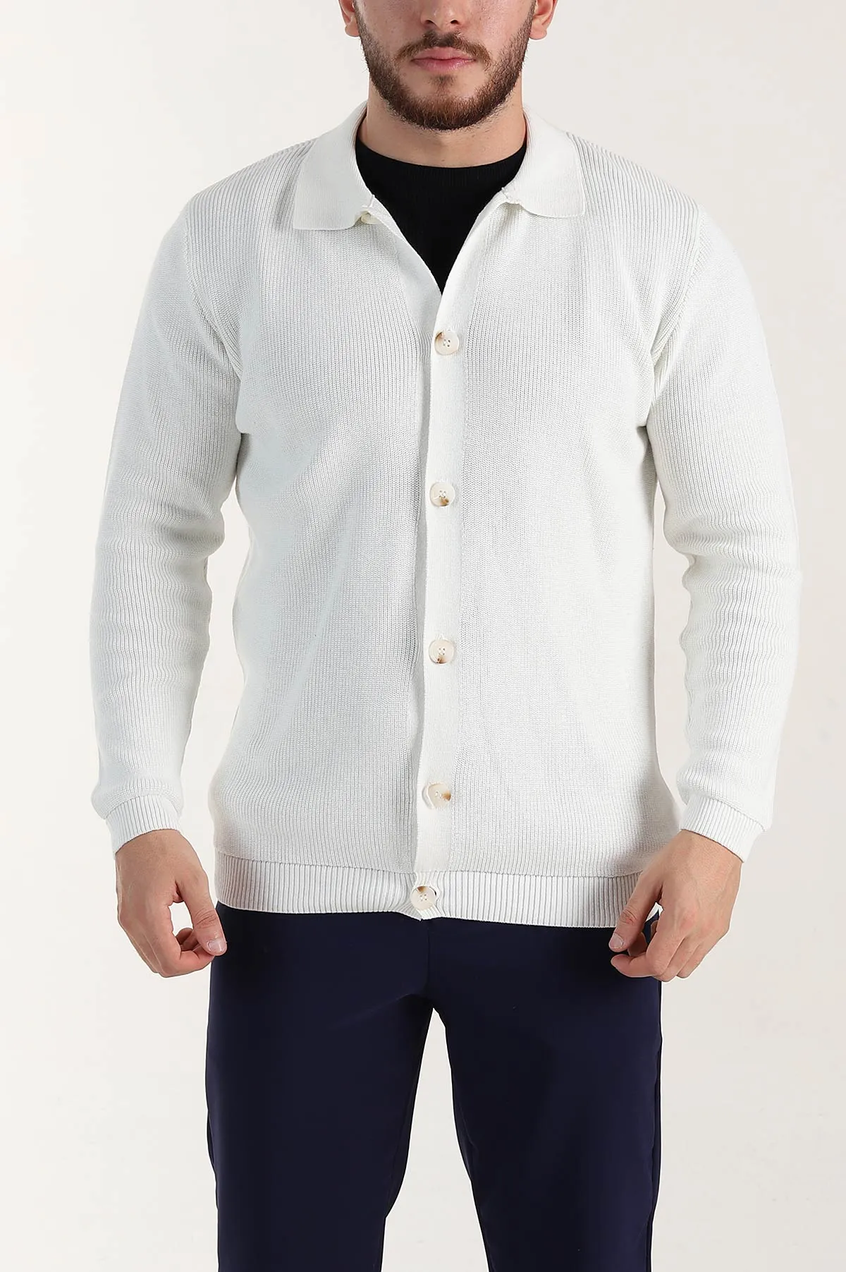 Ekru Relaxed Fit Bambu Erkek Triko Hırka 400161