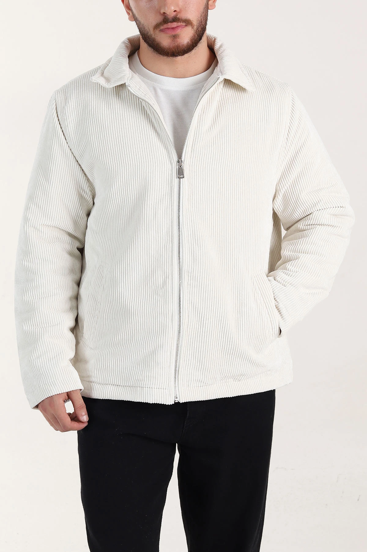 Ekru Relaxed Fit Fitilli Doku Erkek Kadife Mont 400394