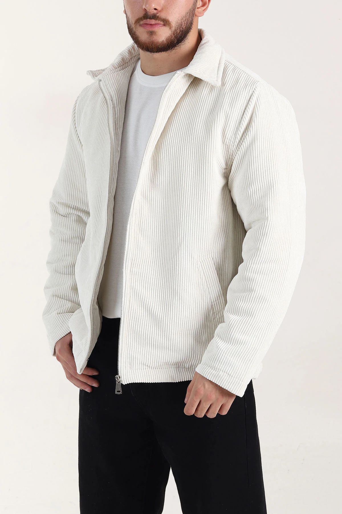 Ekru Relaxed Fit Fitilli Doku Erkek Kadife Mont 400394