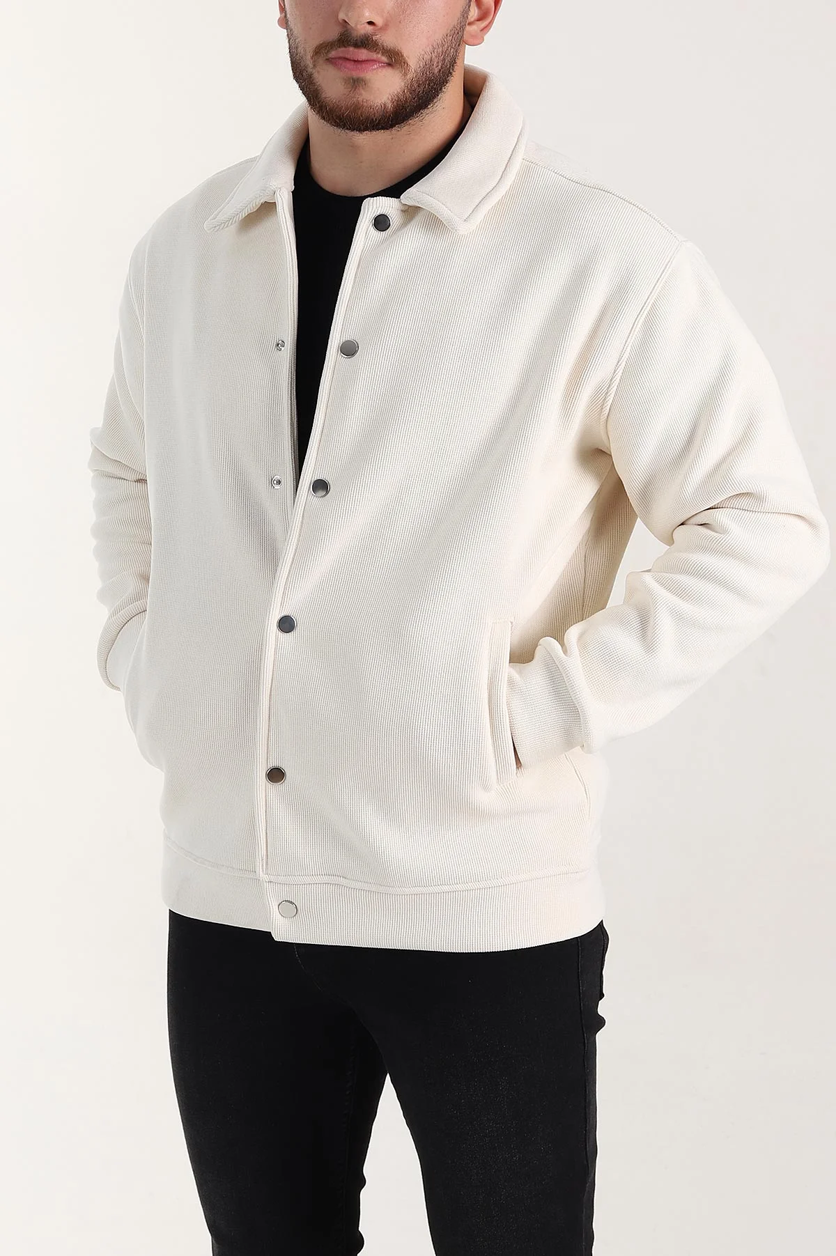 Ekru Relaxed Fit Fitilli Doku İçi Polarlı Erkek Kadife Ceket 399998