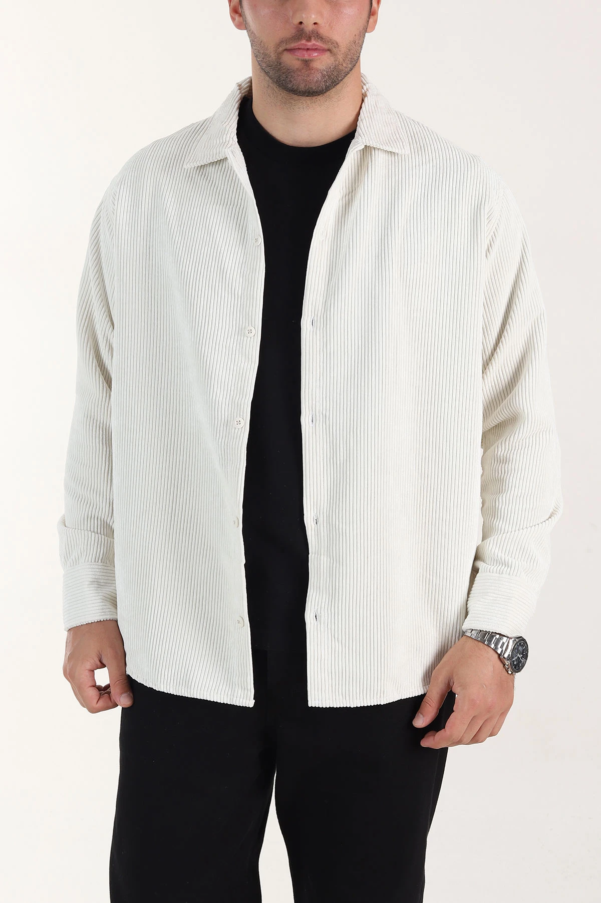 Ekru Relaxed Fit Fitilli Kadife Erkek Gömlek 399752