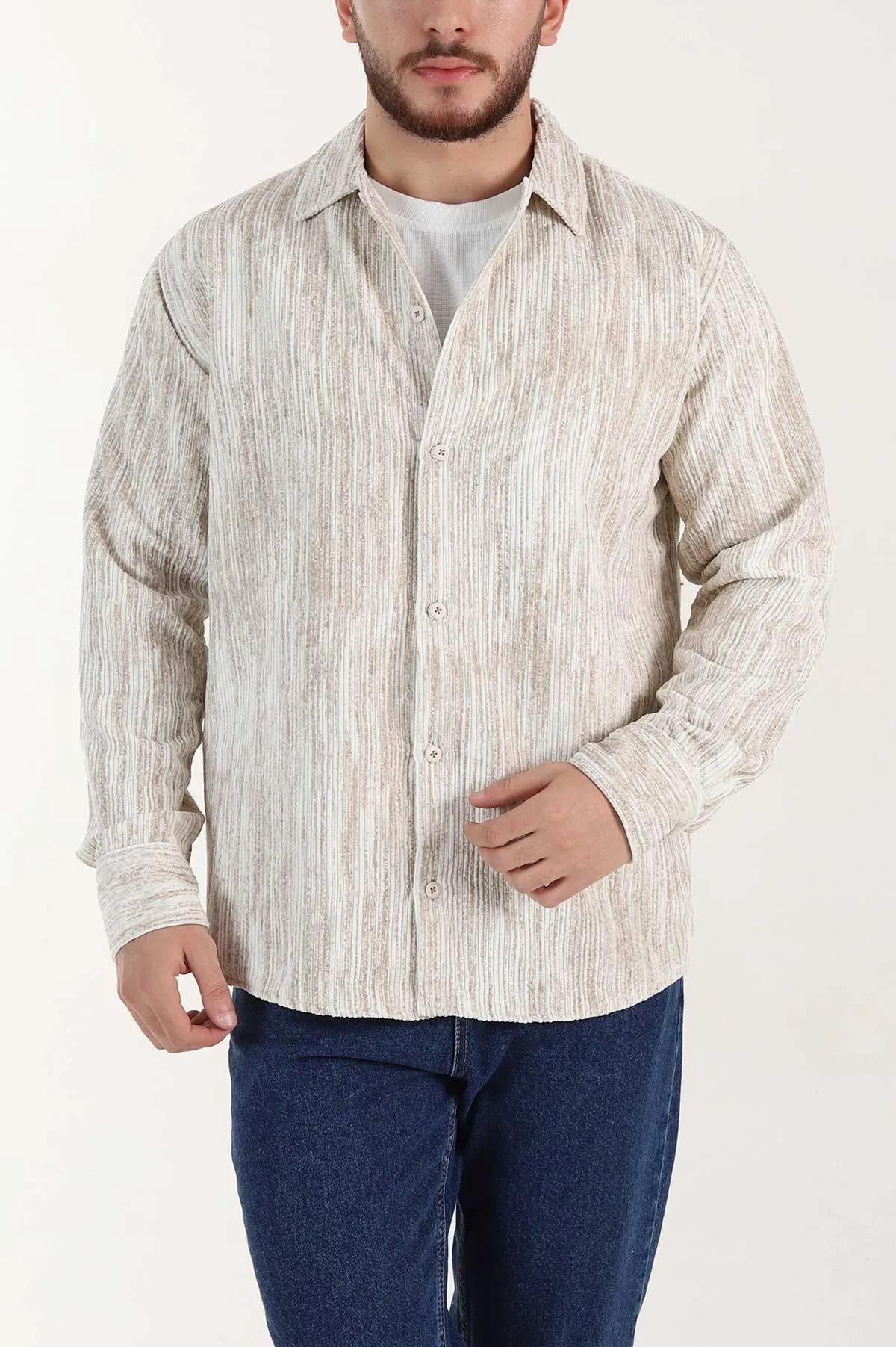 Ekru Relaxed Fit Fitilli Kadife Erkek Gömlek 399967