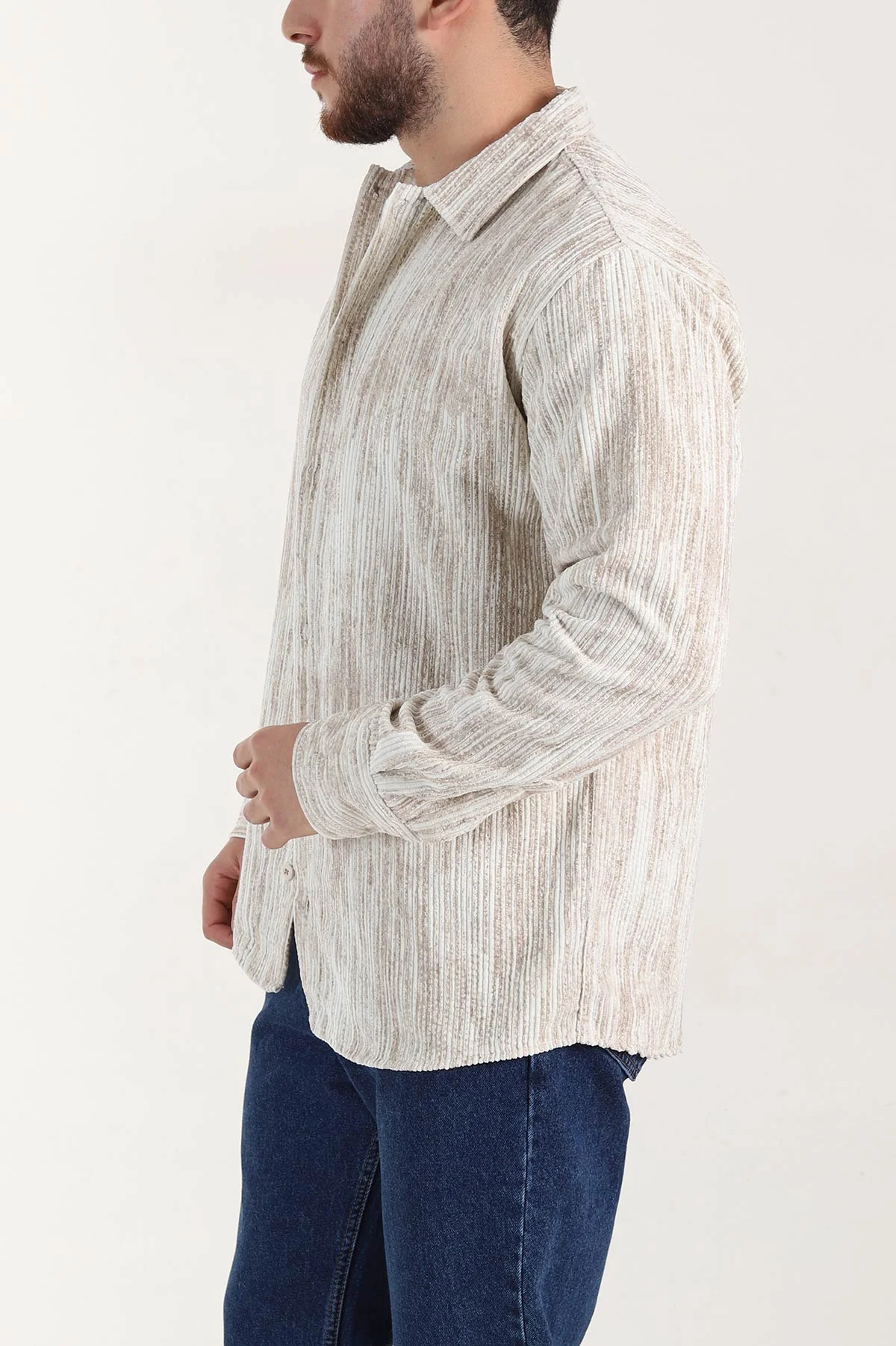 Ekru Relaxed Fit Fitilli Kadife Erkek Gömlek 399967