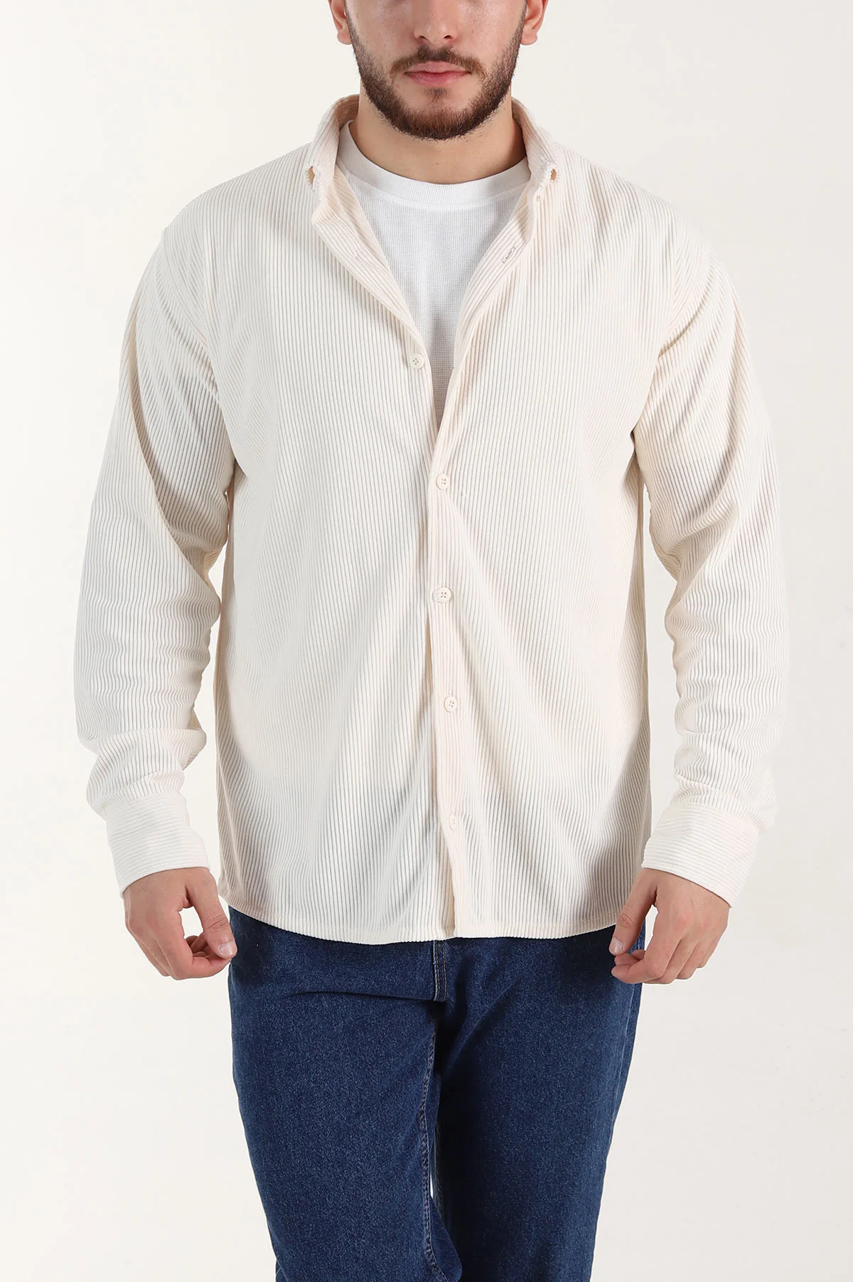 Ekru Relaxed Fit Fitilli Kadife Erkek Gömlek 400096