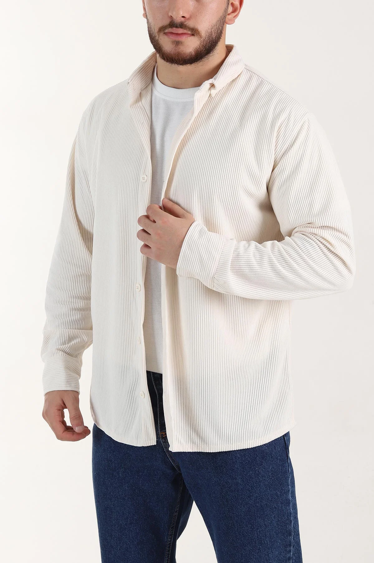 Ekru Relaxed Fit Fitilli Kadife Erkek Gömlek 400096