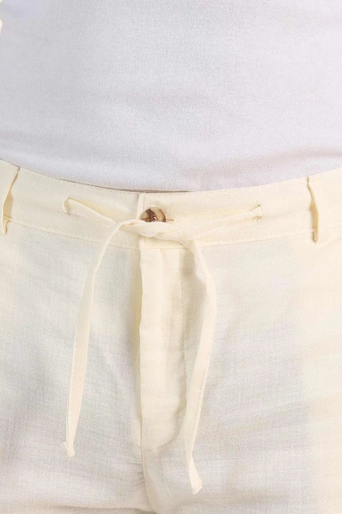 Ekru Relaxed Fit Müslin Keten Bel Arkası Lastikli Erkek Şort 386179