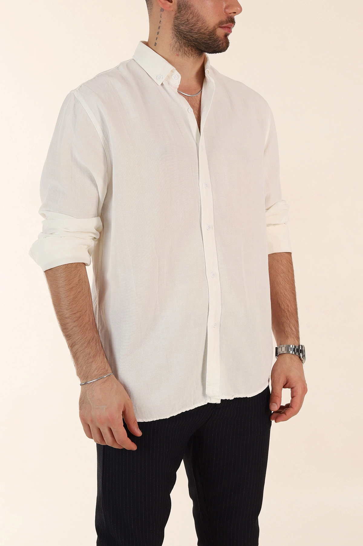 Ekru Relaxed Fit Pamuk Ata Yaka Erkek Gömlek 363818