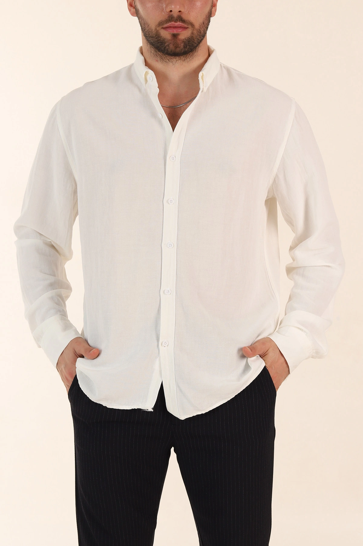 Ekru Relaxed Fit Pamuk Ata Yaka Erkek Gömlek 363818