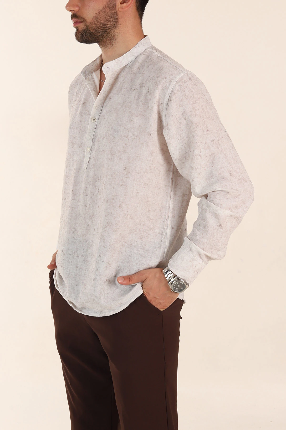 Ekru Relaxed Fit Yarım Düğmeli Hakim Yaka Uzun Kollu Erkek Gömlek 369367