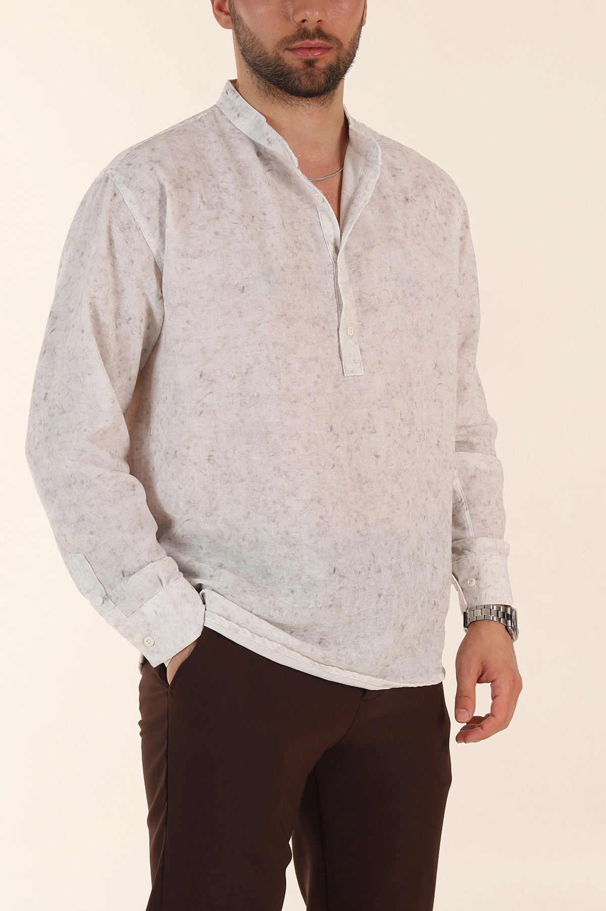 Ekru Relaxed Fit Yarım Düğmeli Hakim Yaka Uzun Kollu Erkek Gömlek 369367