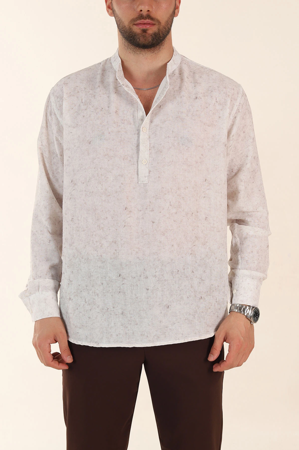 Ekru Relaxed Fit Yarım Düğmeli Hakim Yaka Uzun Kollu Erkek Gömlek 369367