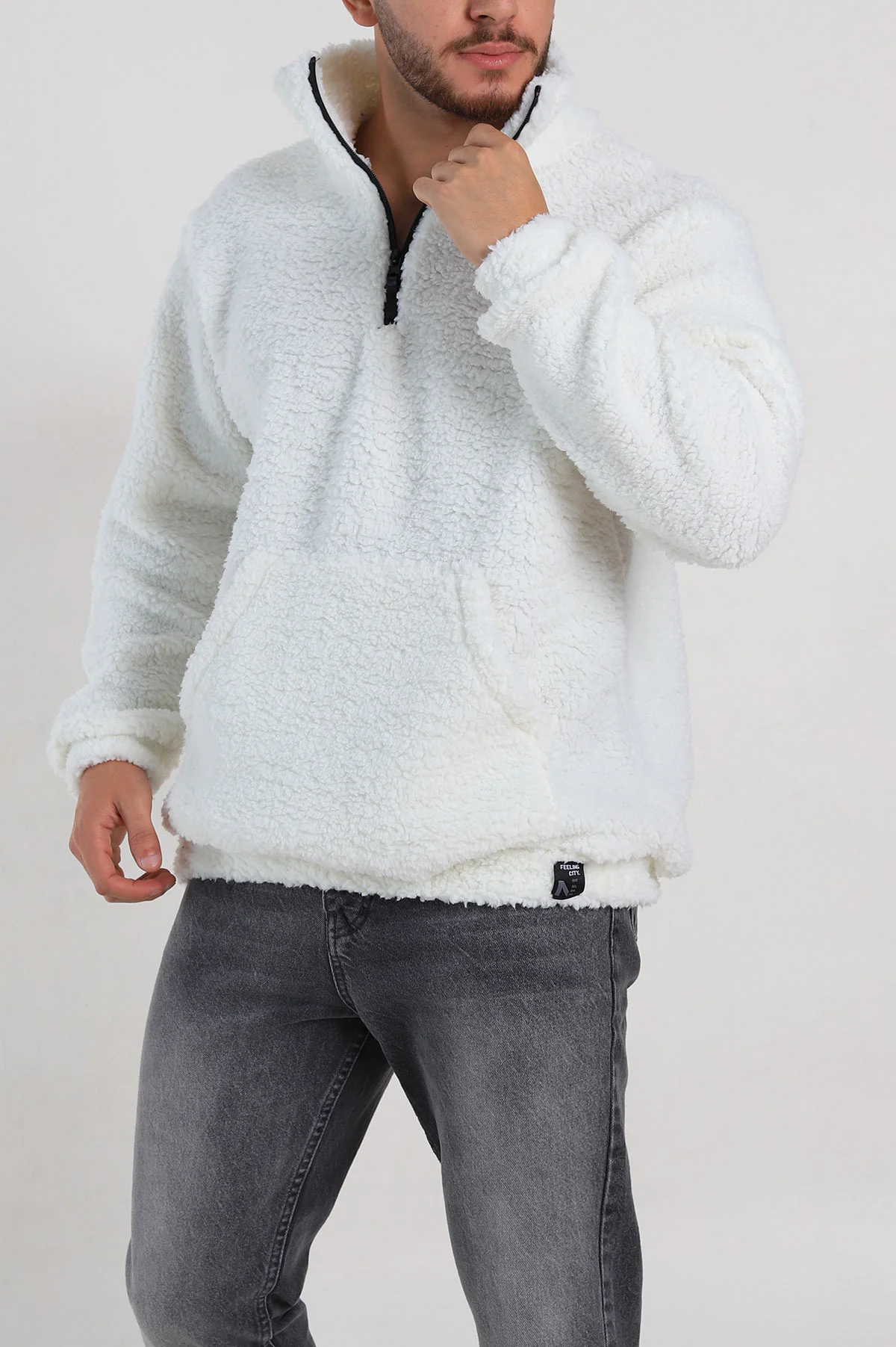 Ekru Relaxed Fit Yarım Fermuarlı Cep Detaylı Peluş Kanguru Sweatshirt 308907