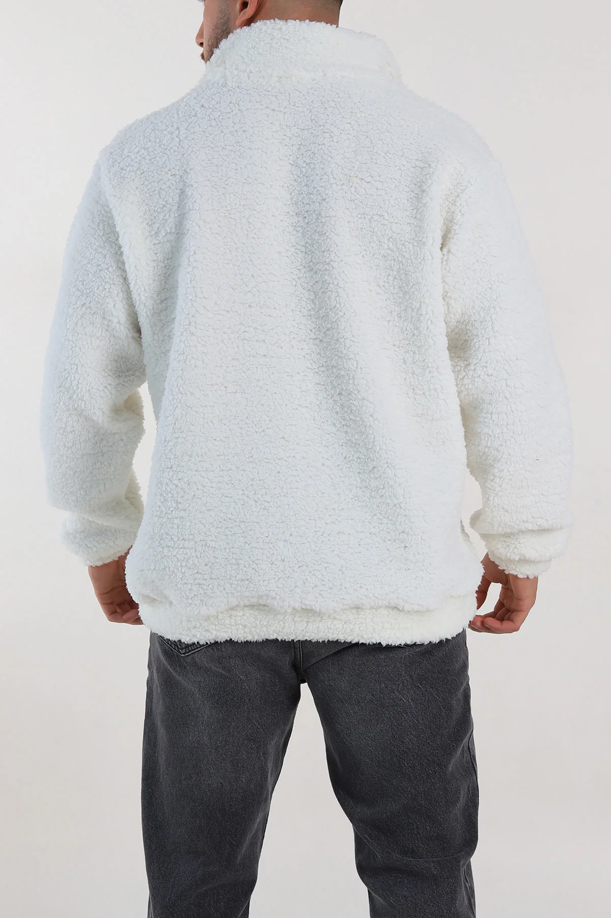 Ekru Relaxed Fit Yarım Fermuarlı Cep Detaylı Peluş Kanguru Sweatshirt 308907