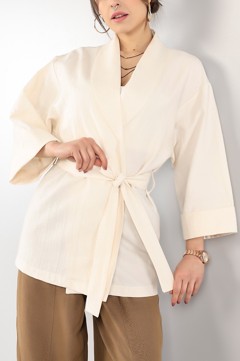 Ekru Şal Yaka Keten Kimono Ceket 104618