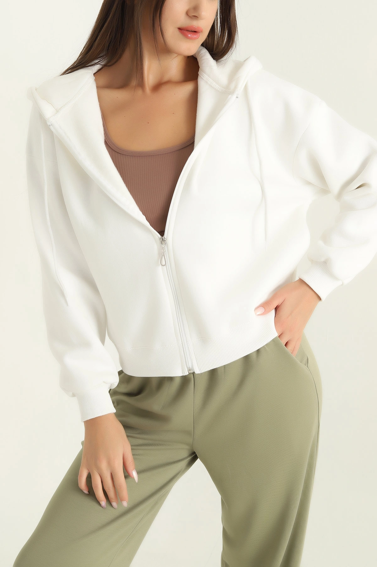 Ekru Şardonlu Üç İp Bayan Sweat 292551
