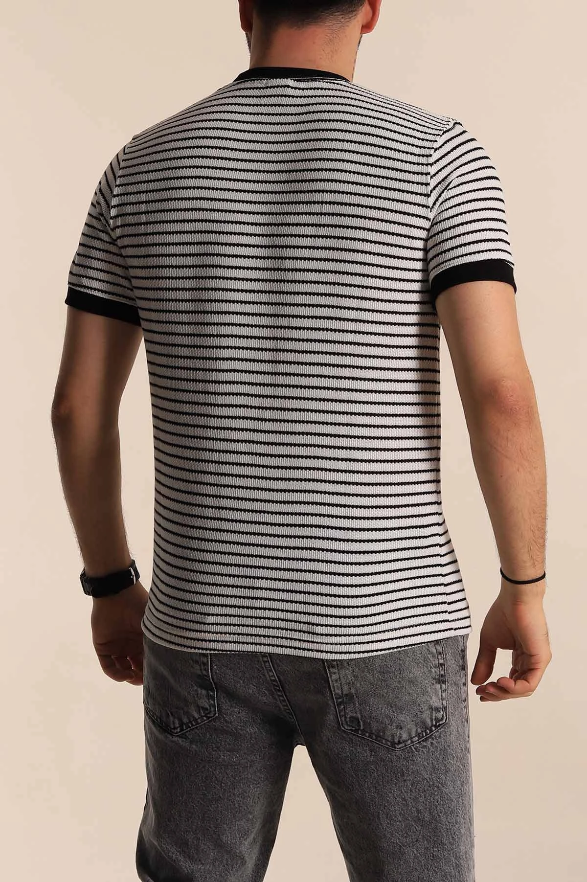 Ekru Siyah Çizgili Regular Fit Nakış Yazı Detaylı Erkek Triko Tişört 268455