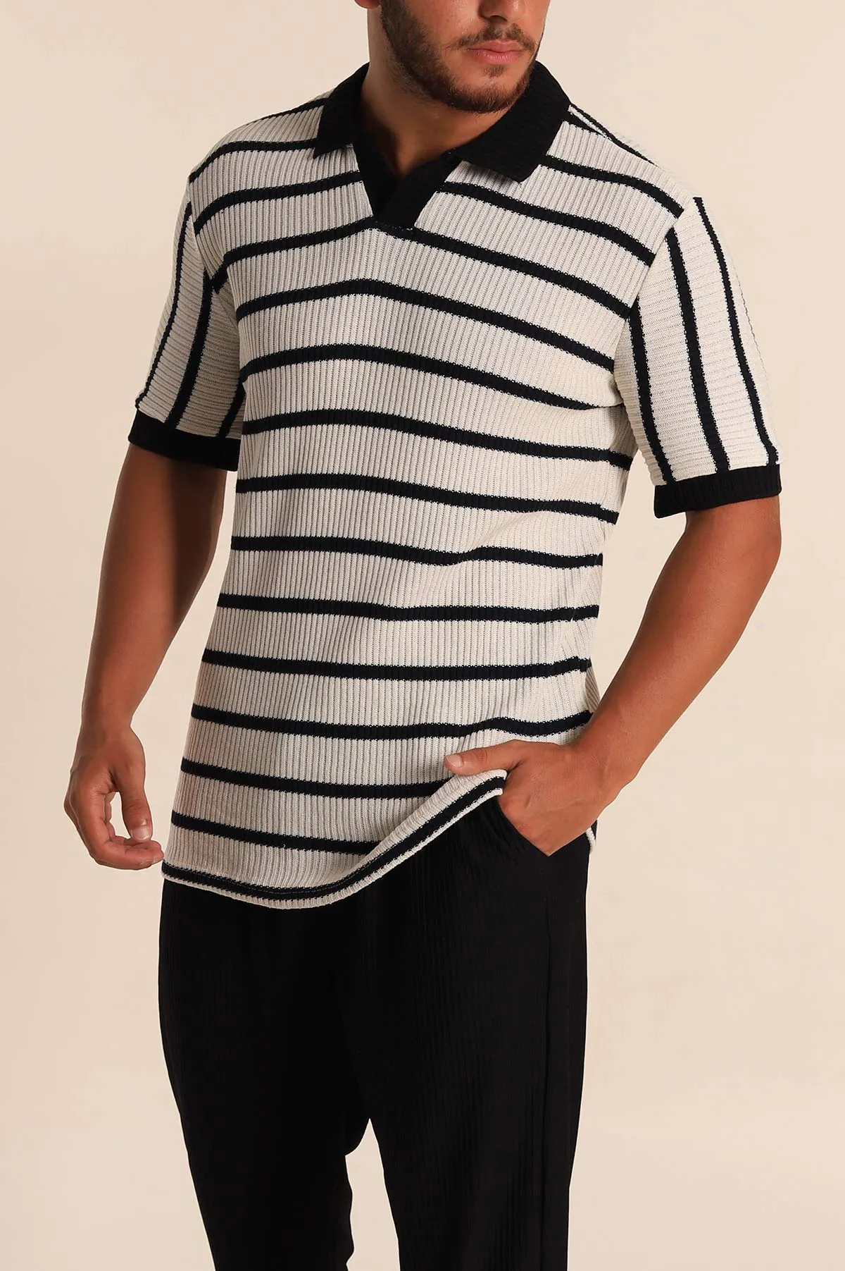 Ekru Siyah Çizgili Regular Fit Polo Yaka Erkek Triko Tişört 262592
