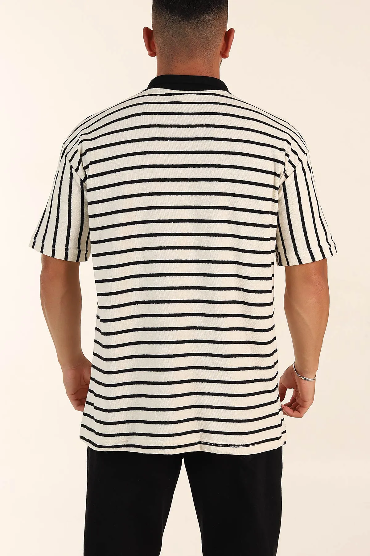 Ekru Siyah Çizgili Relaxed Fit Polo Yaka Erkek Triko Tişört 269190