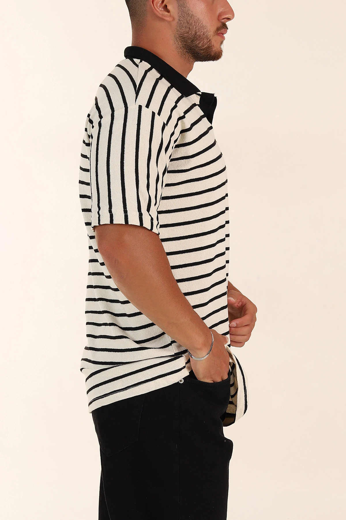 Ekru Siyah Çizgili Relaxed Fit Polo Yaka Erkek Triko Tişört 269190