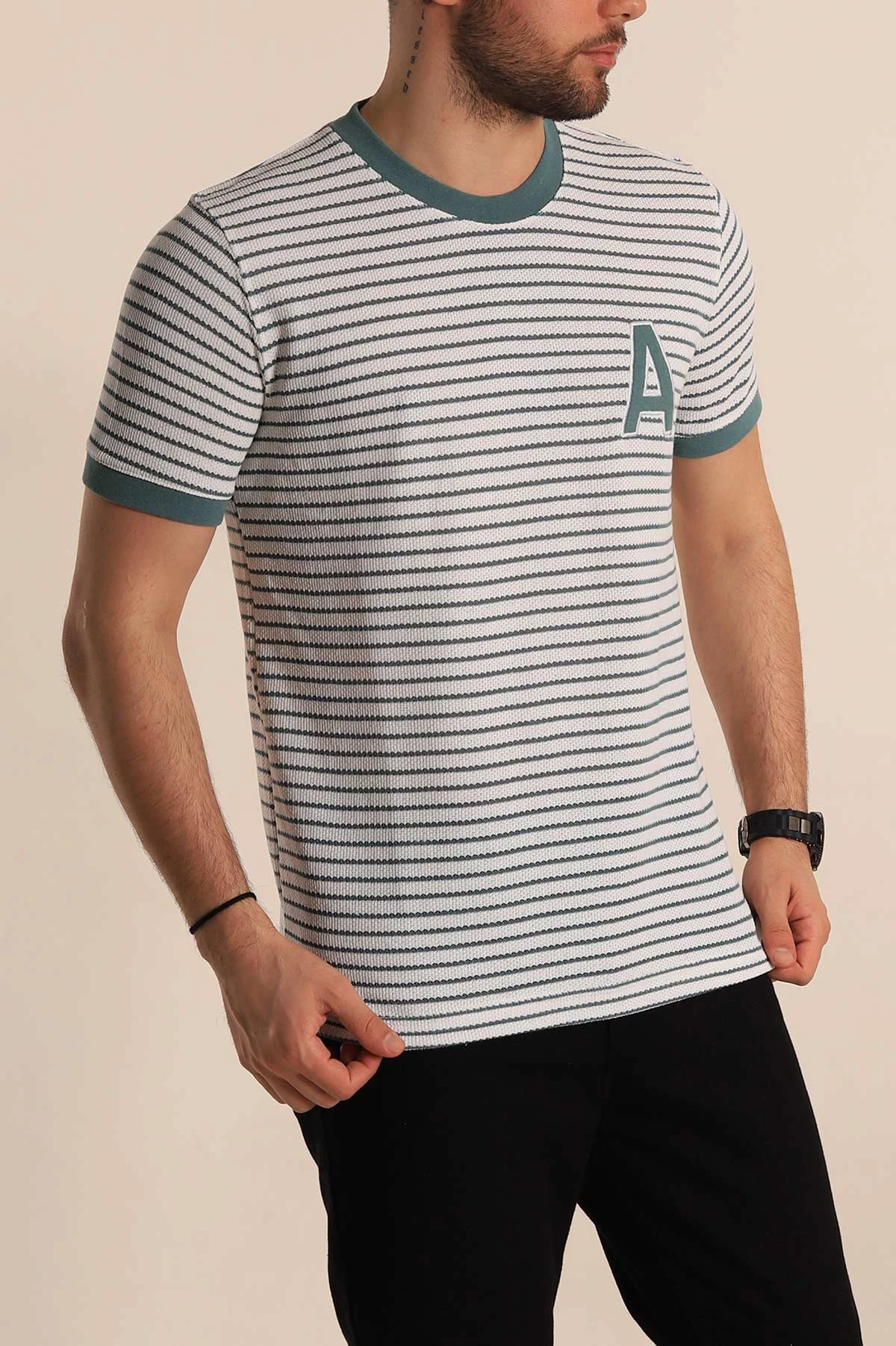 Ekru Su Yeşili Çizgili Regular Fit Nakış Yazı Detaylı Erkek Triko Tişört 268456