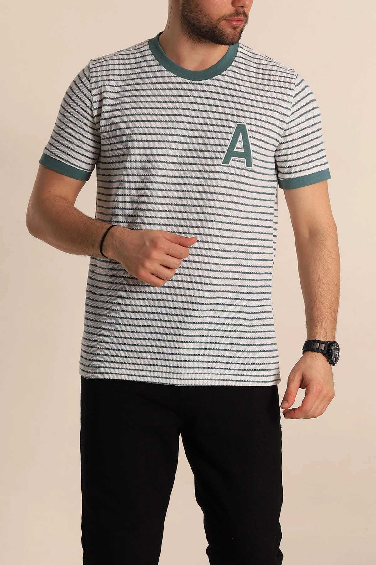 Ekru Su Yeşili Çizgili Regular Fit Nakış Yazı Detaylı Erkek Triko Tişört 268456