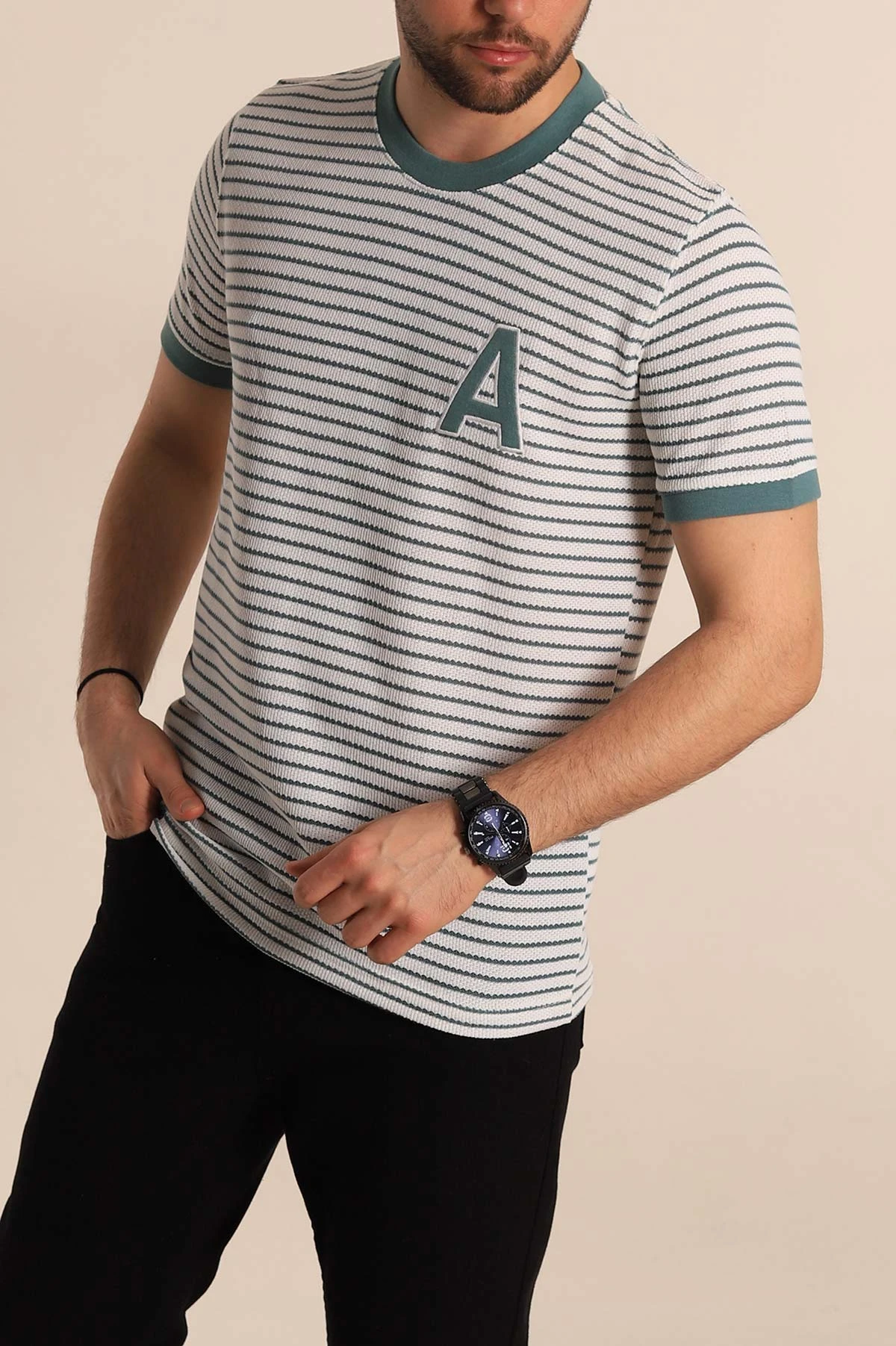 Ekru Su Yeşili Çizgili Regular Fit Nakış Yazı Detaylı Erkek Triko Tişört 268456