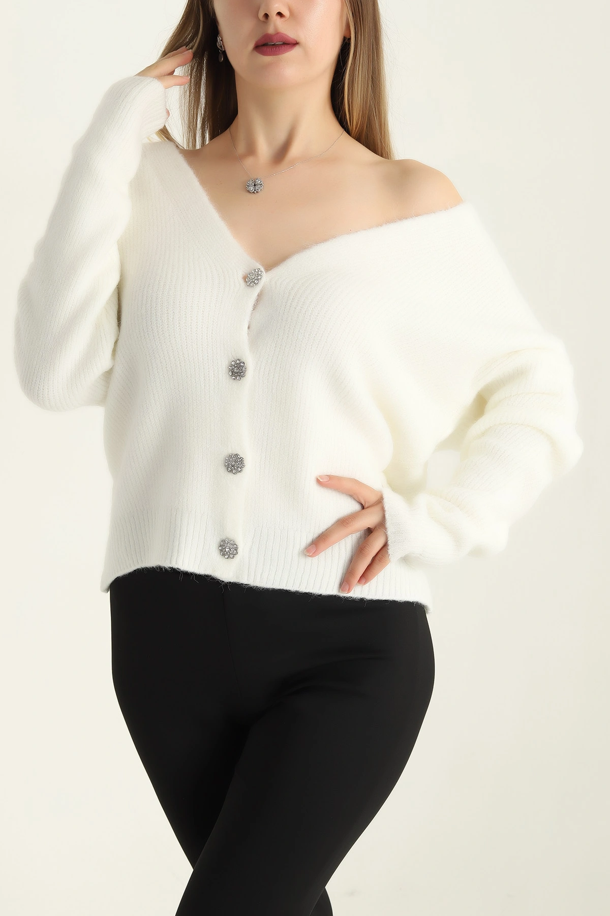 Ekru Taş Düğmeli Selanik Triko Hırka 294796