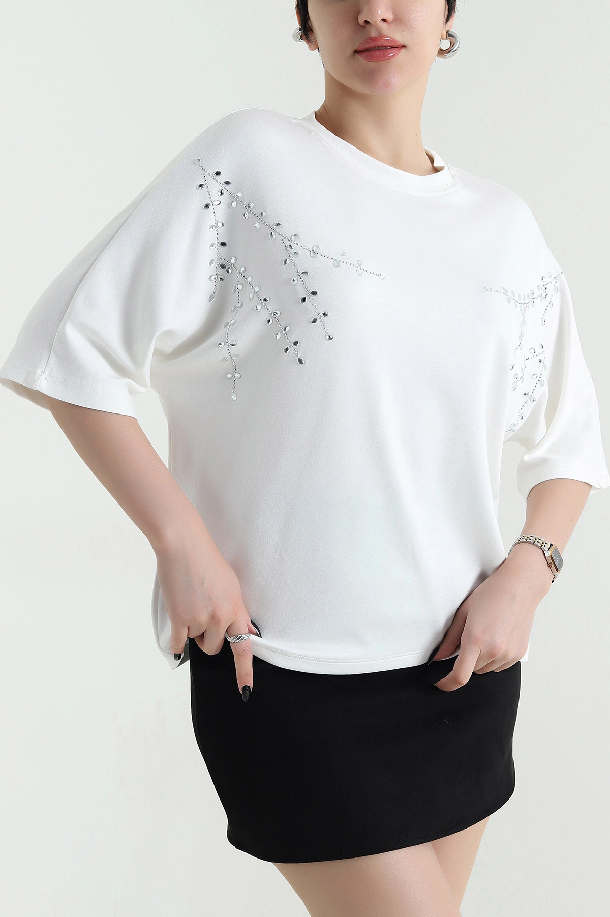 Ekru Taş İşlemeli Modal Kadın Bluz 452748