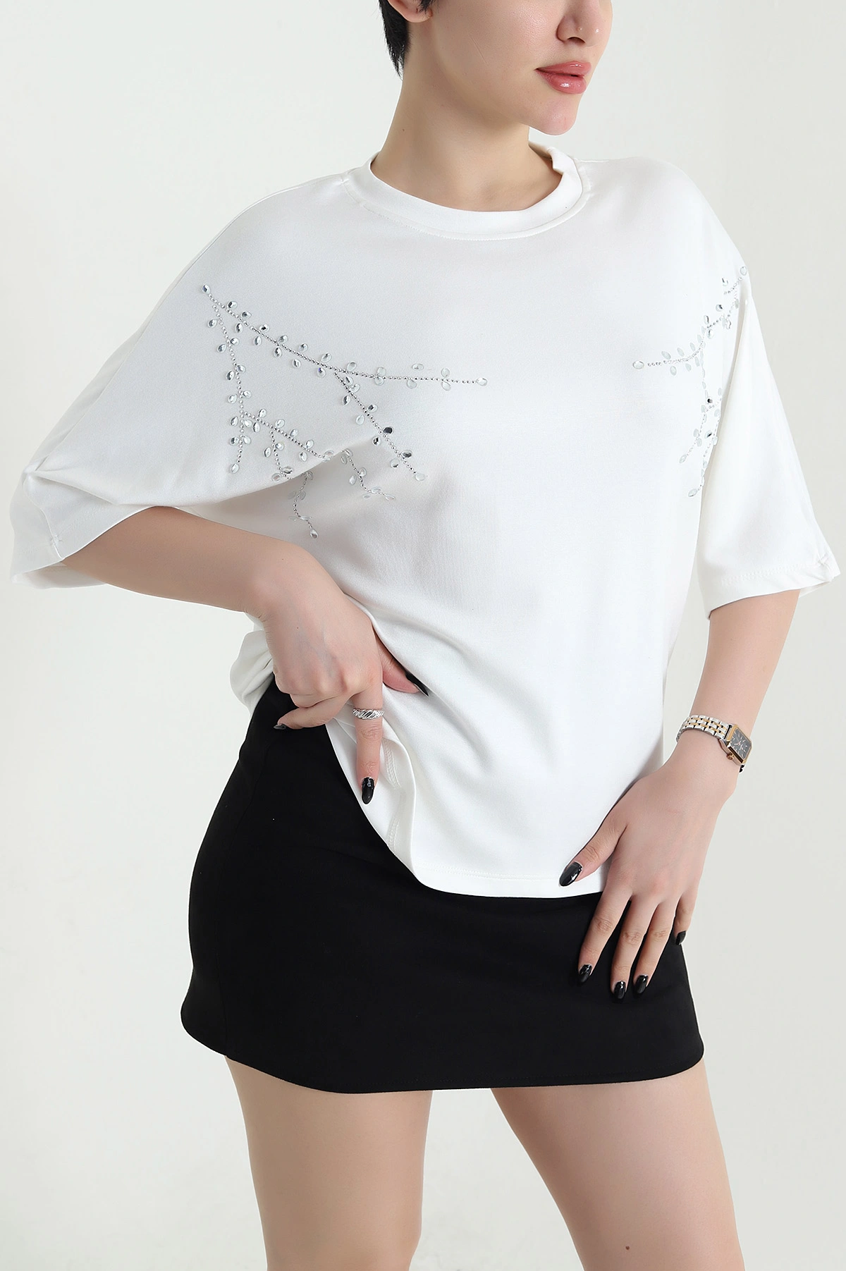 Ekru Taş İşlemeli Modal Kadın Bluz 452748
