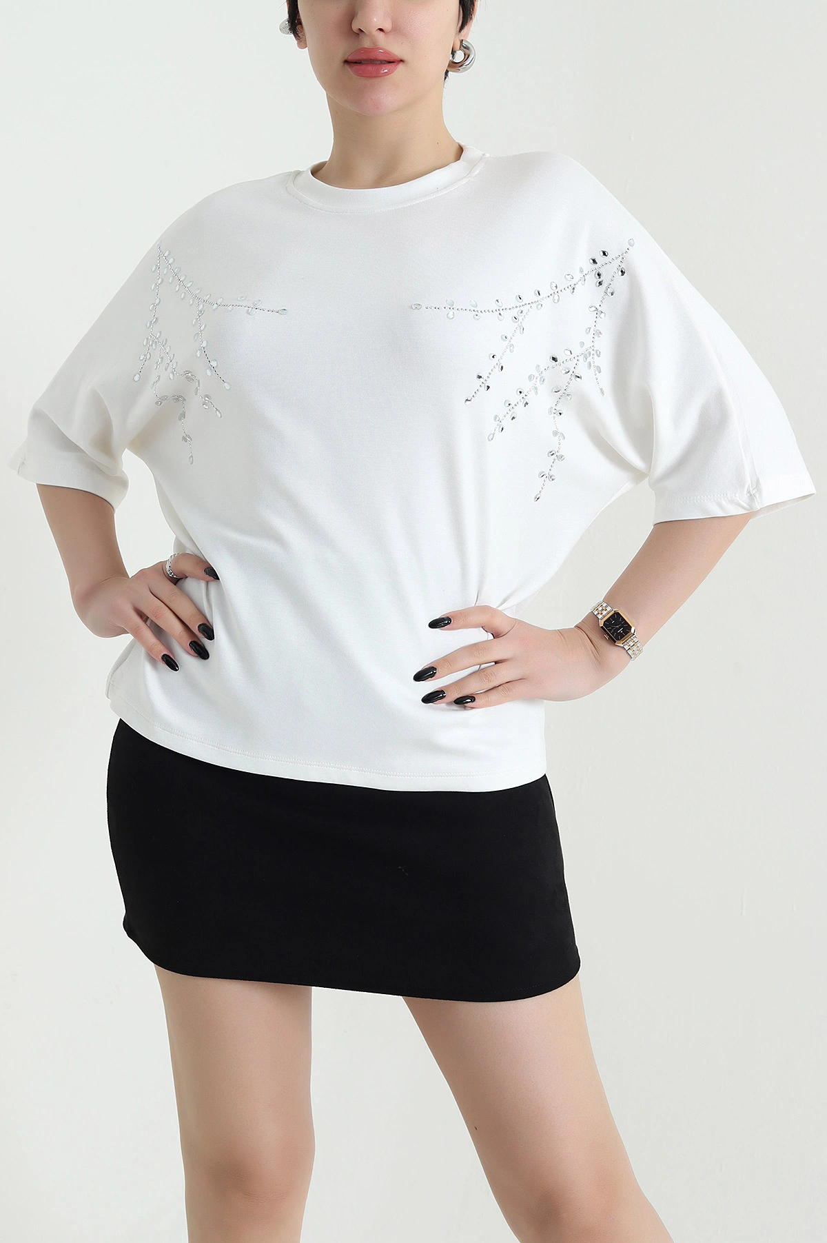 Ekru Taş İşlemeli Modal Kadın Bluz 452748