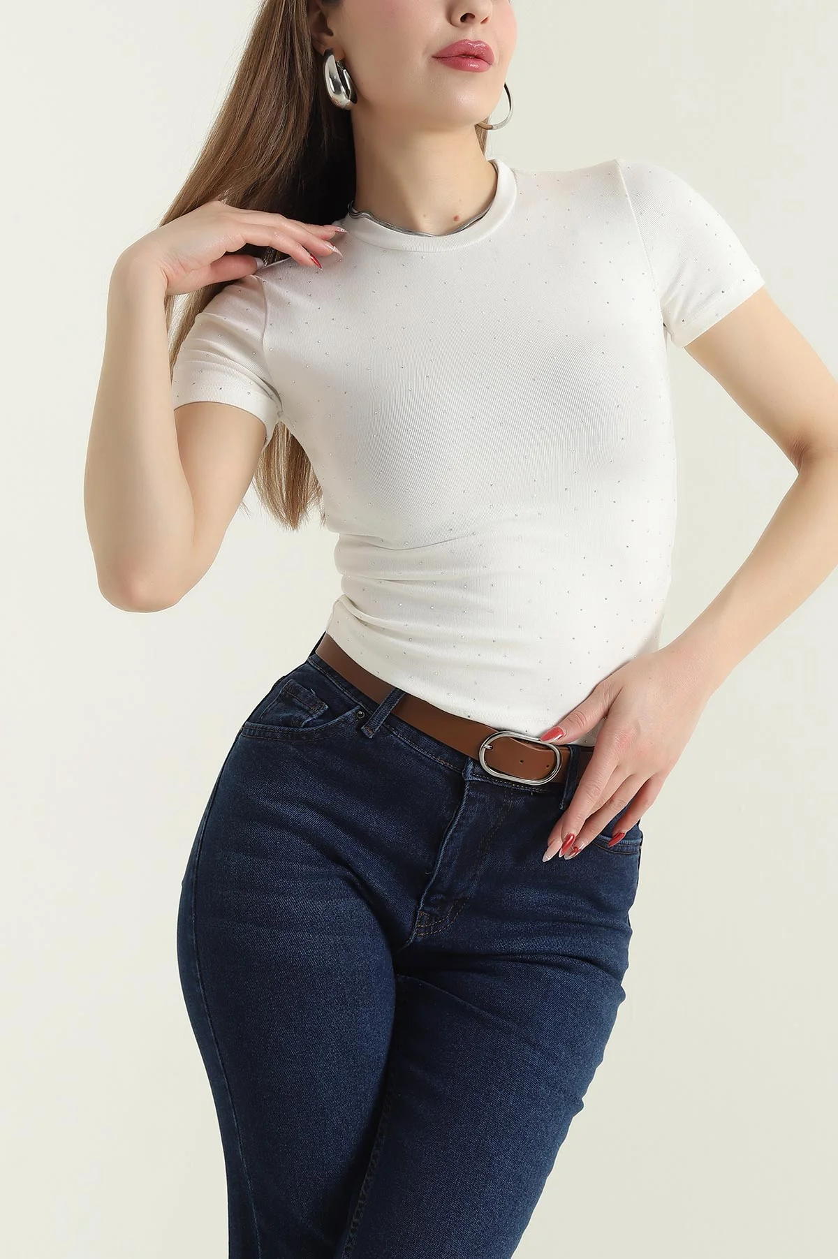 Ekru Taşlı Tasarım  Kadın Bluz 429563