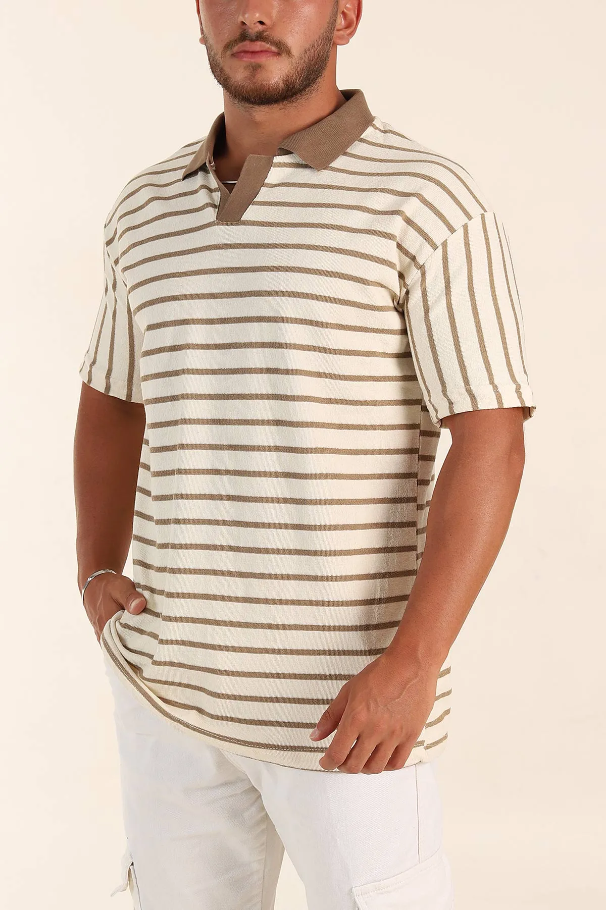 Ekru Vizon Çizgili Relaxed Fit Polo Yaka Erkek Triko Tişört 269193