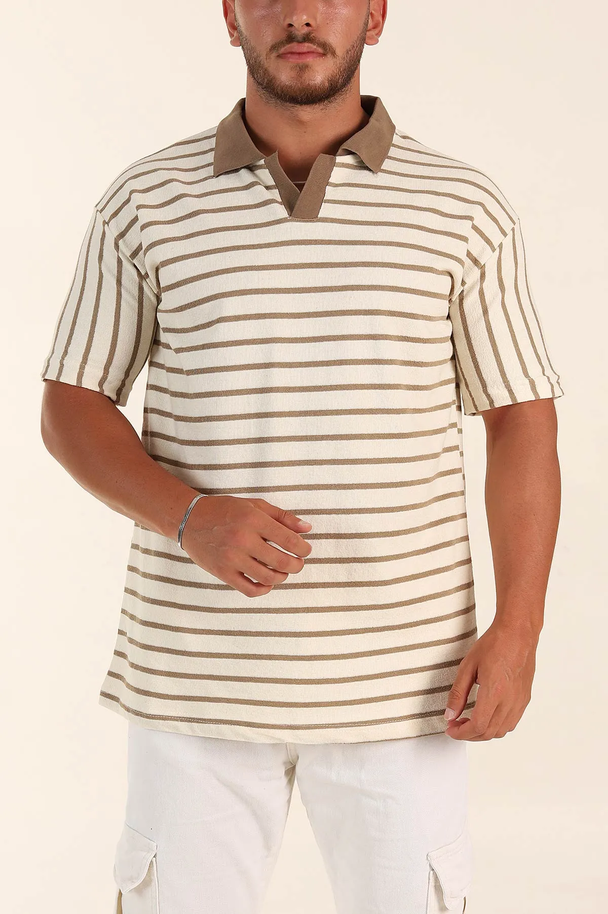 Ekru Vizon Çizgili Relaxed Fit Polo Yaka Erkek Triko Tişört 269193